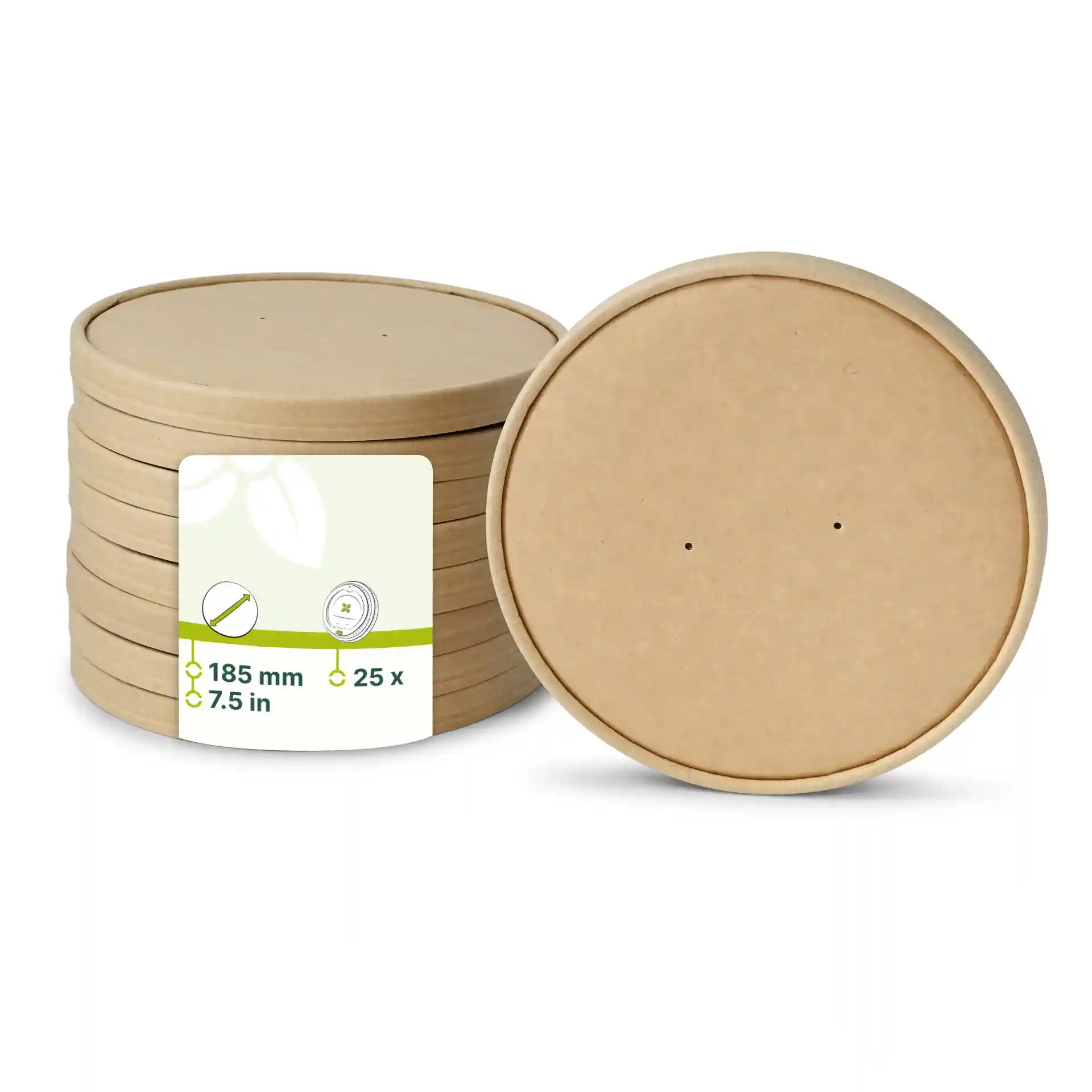 Round brown cardboard cup lids, 185 mm in diameter, stacked with a label showing product details.
