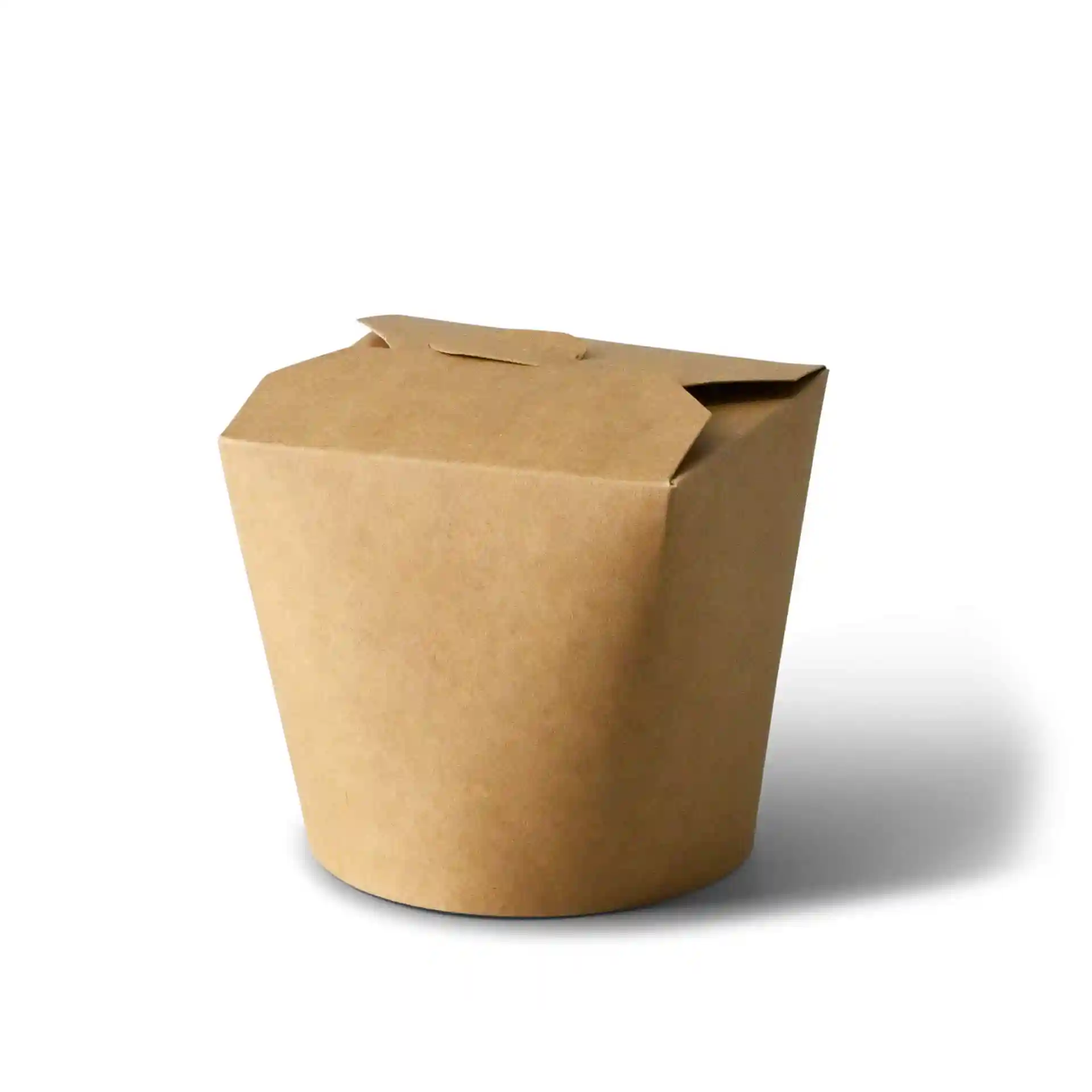 Brown noodle box made of coated cardboard, 650 ml capacity, with a rectangular shape and no viewing window.