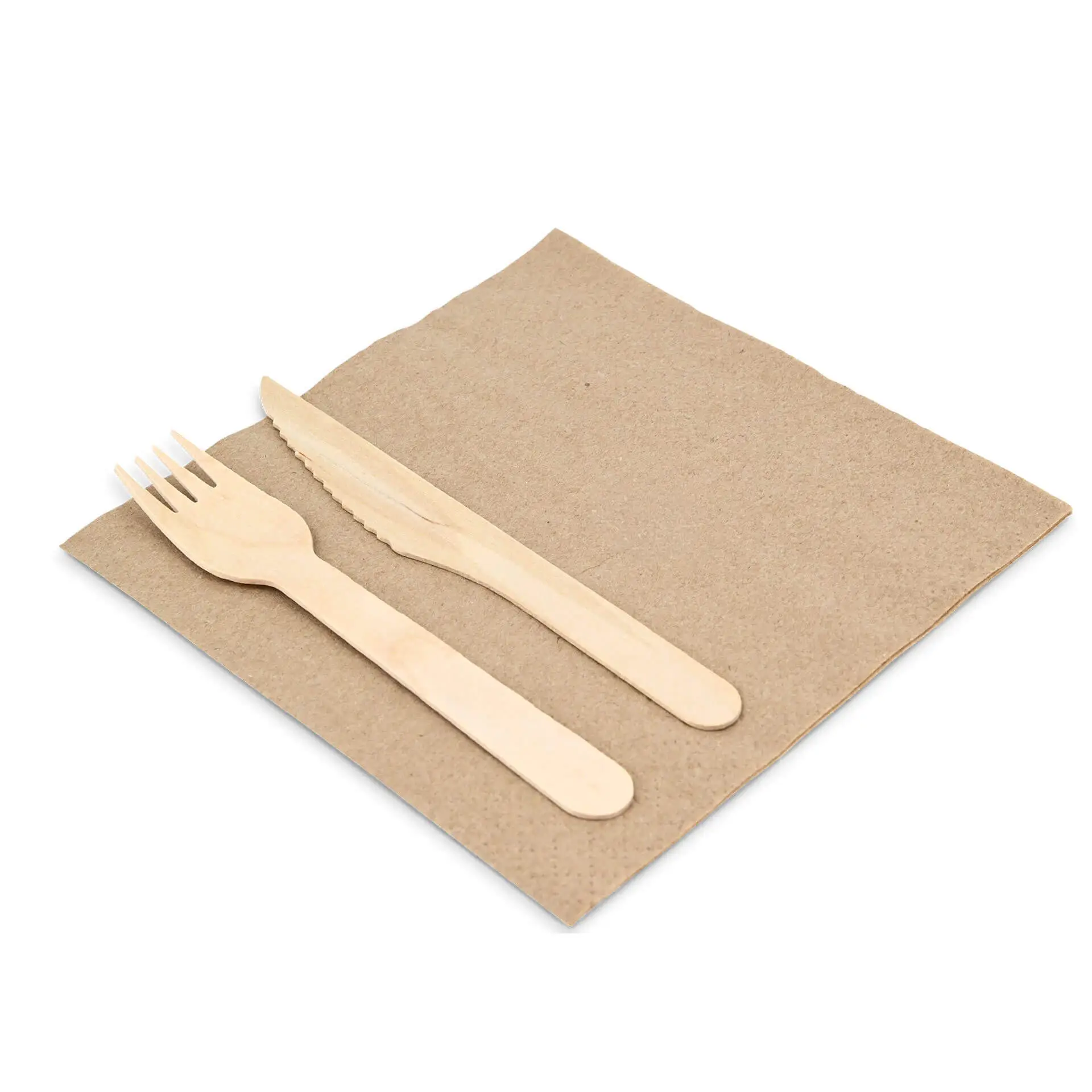 Set of wooden cutlery including a fork and knife on a square unbleached paper napkin.