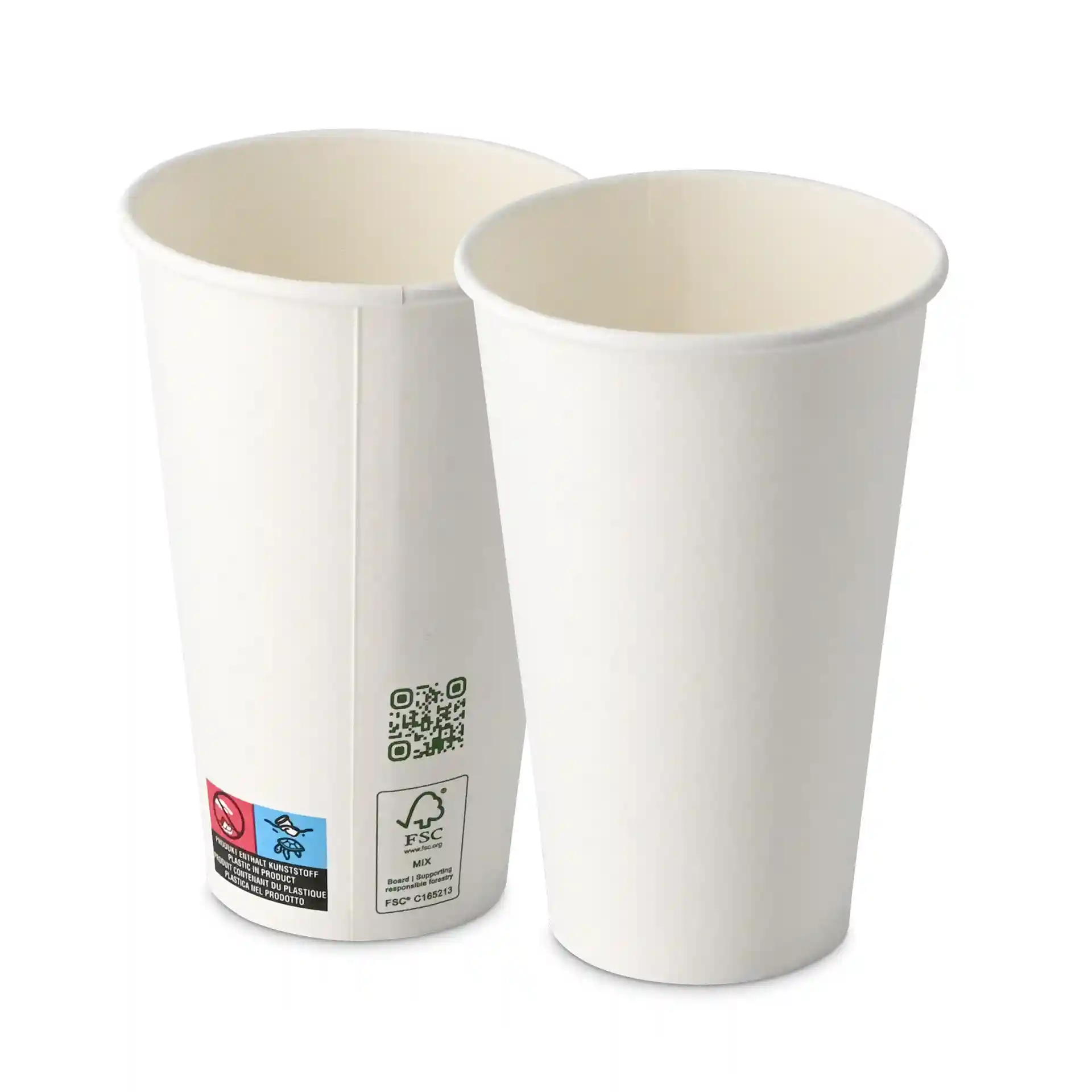 Two white paper cups, 400 ml capacity, single wall, with a diameter of 90 mm, shown from the side.