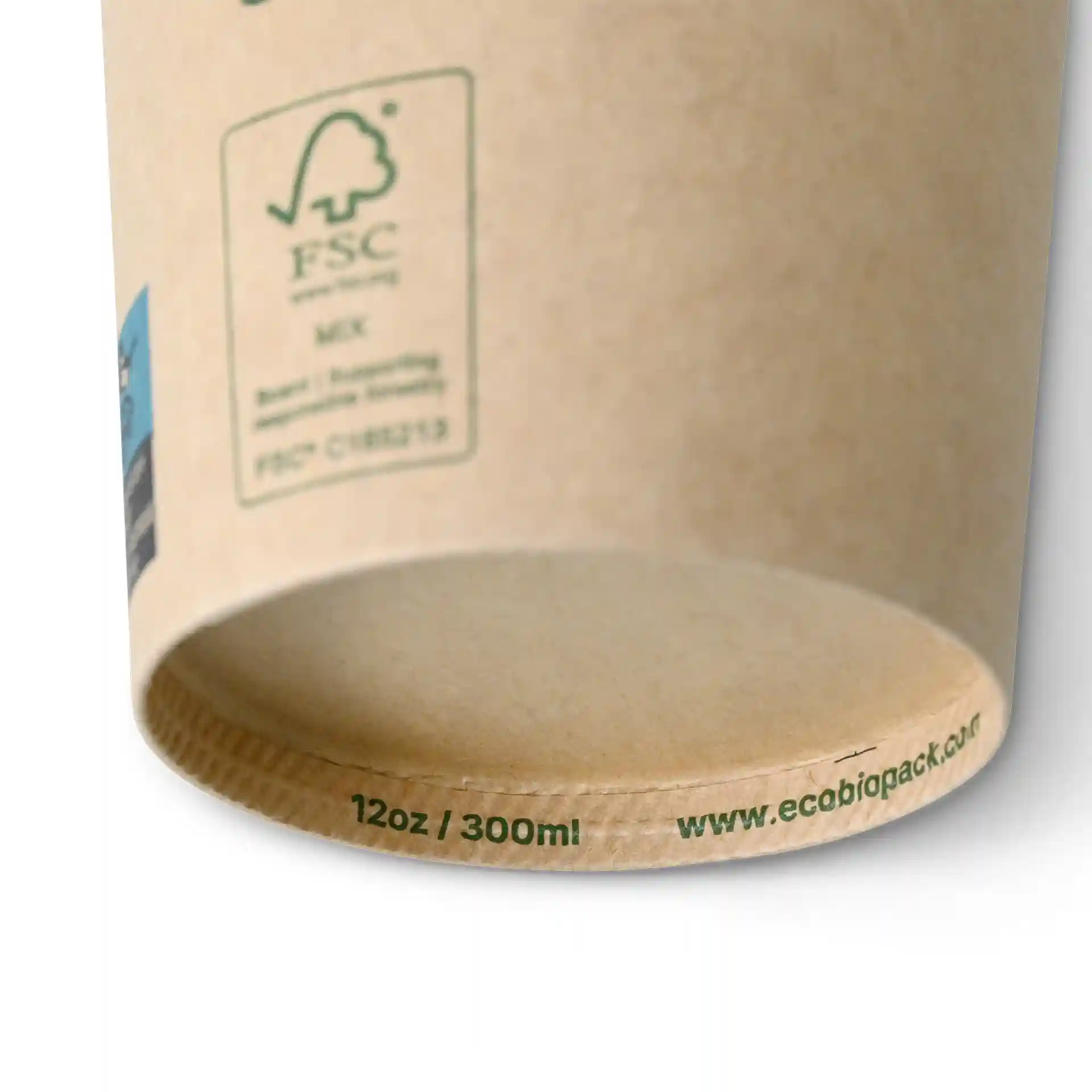 Brown paper cup with a diameter of 90 mm, showing a label with markings and a circular green symbol.