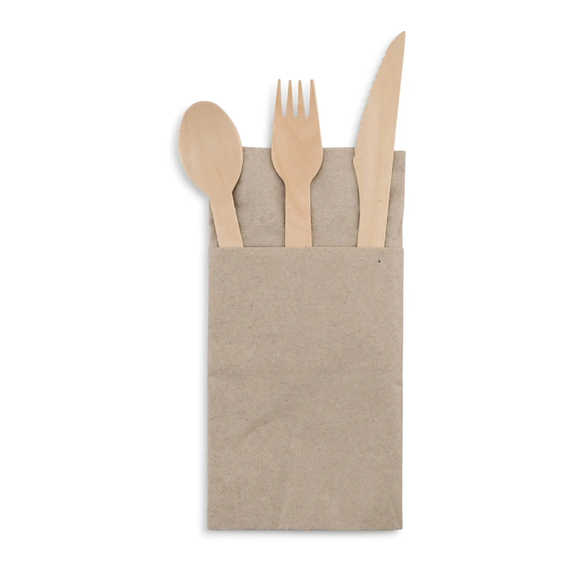 Brown paper pouch containing a wooden spoon, fork, and knife, with a visible recycling symbol on the bottom.