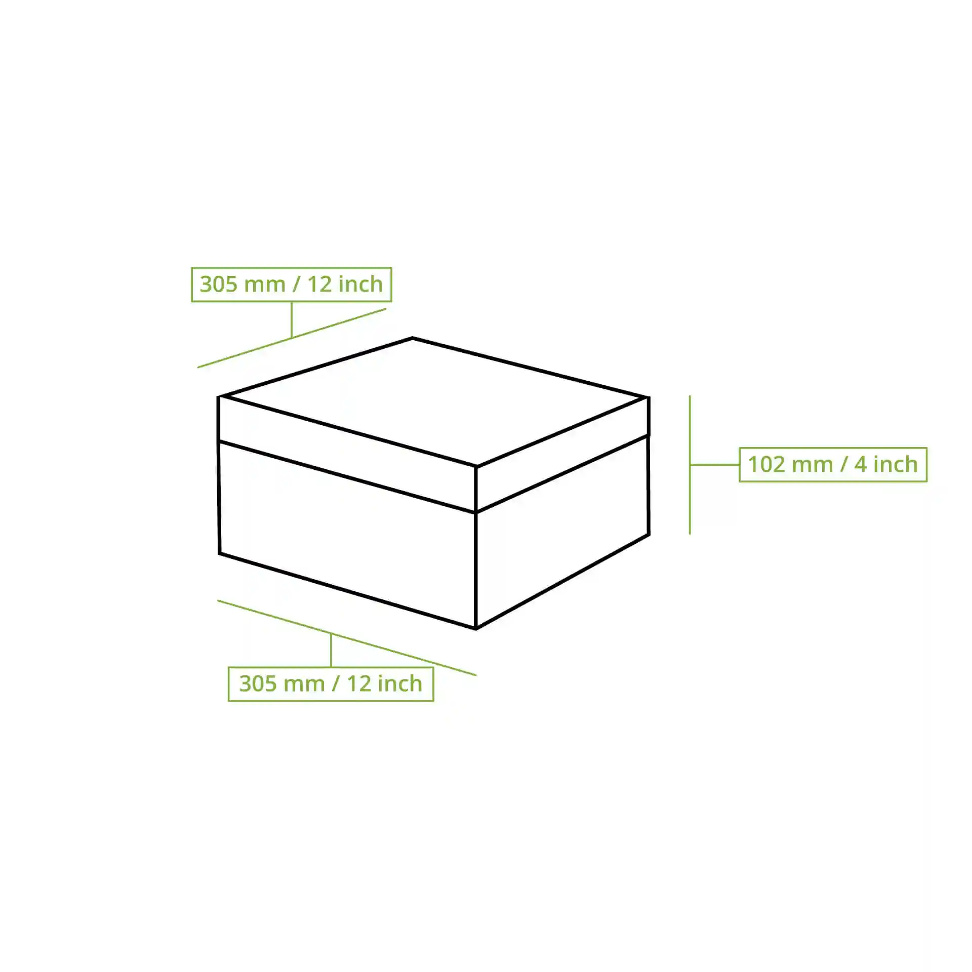 Schematic drawing of a square cake box with dimensions 305 mm by 305 mm by 102 mm.