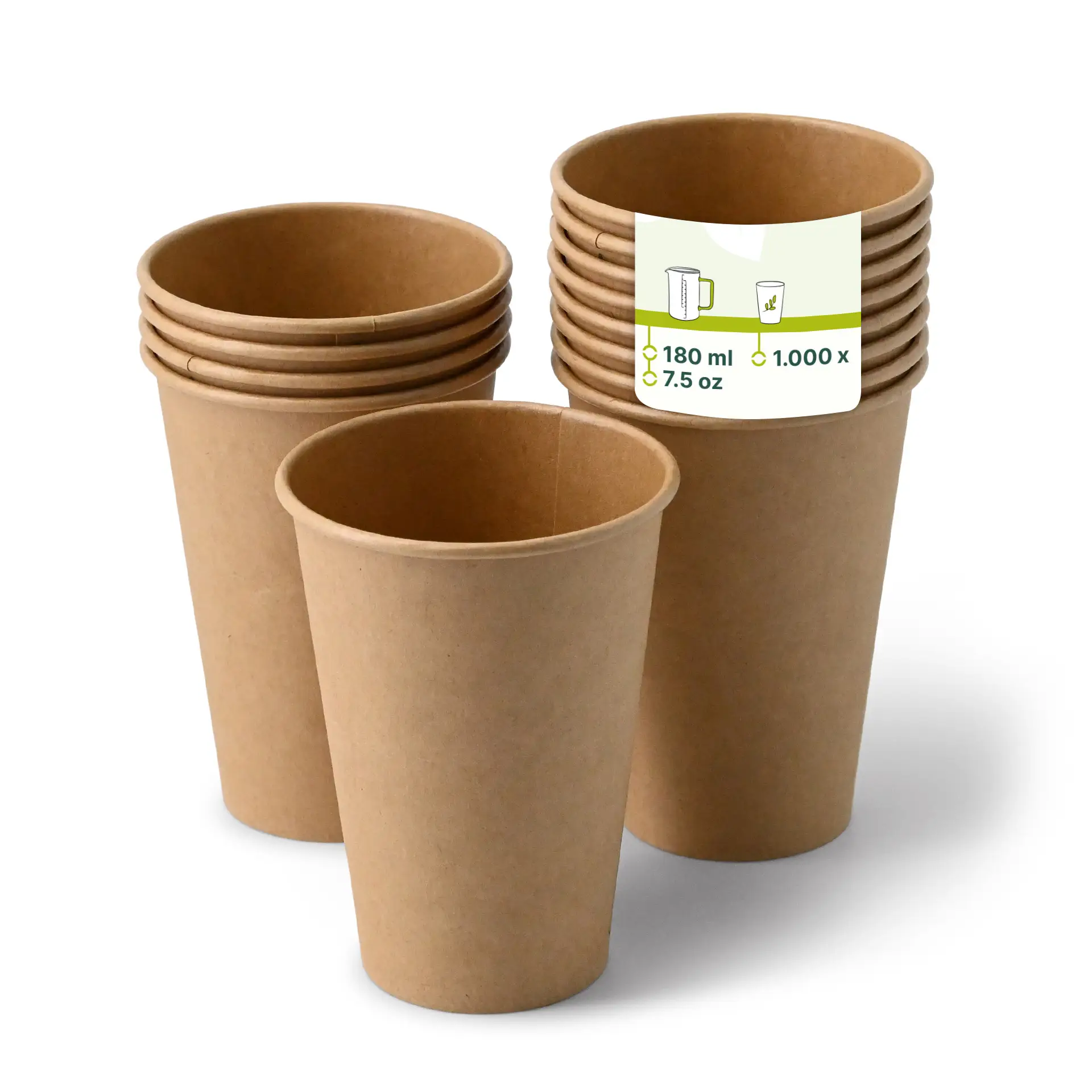 Brown paper vending machine cups, 7.5 oz size; includes a stack of cups with a label indicating PE coating.