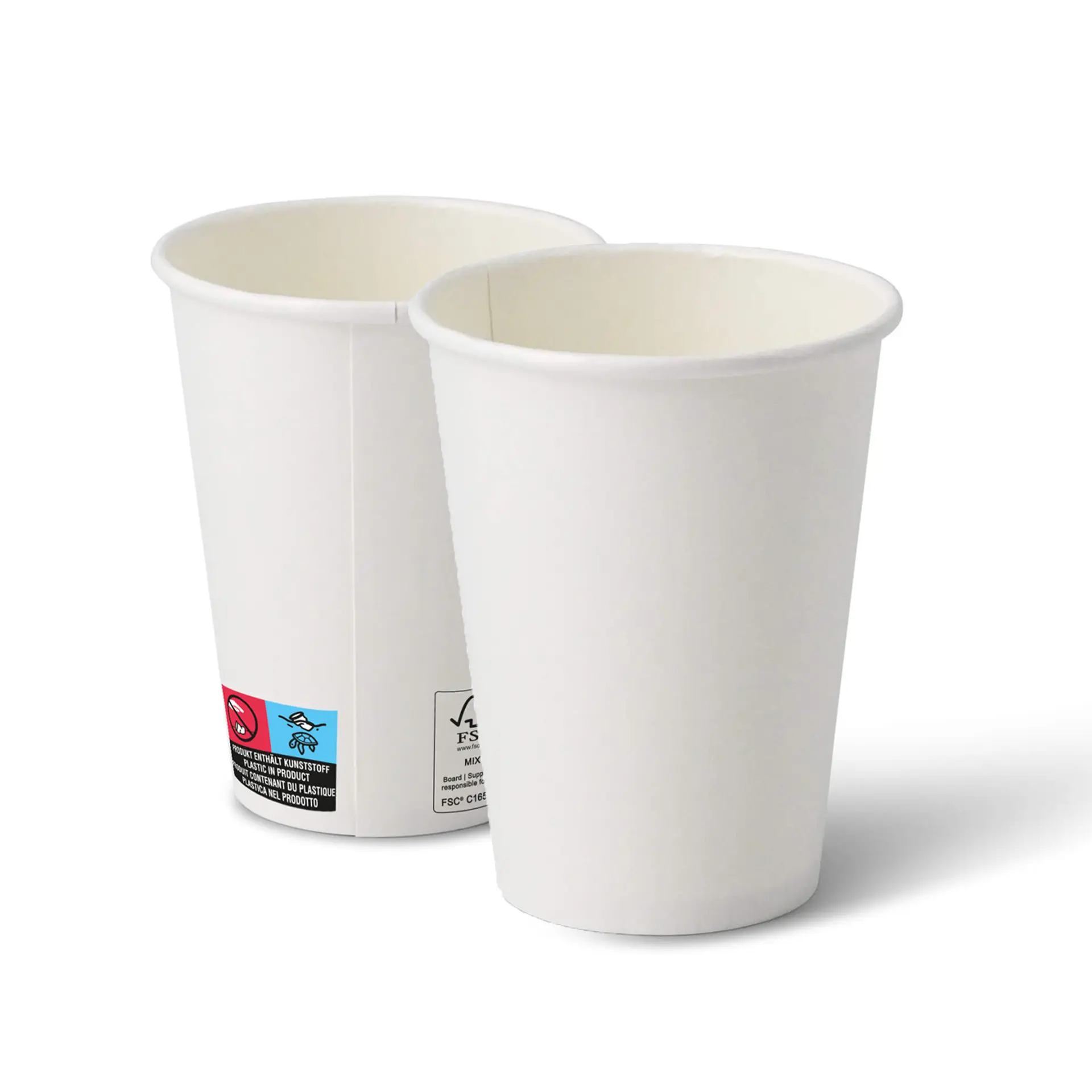 Two 12 oz white paper cups with a classic design; one cup shows labels with markings.
