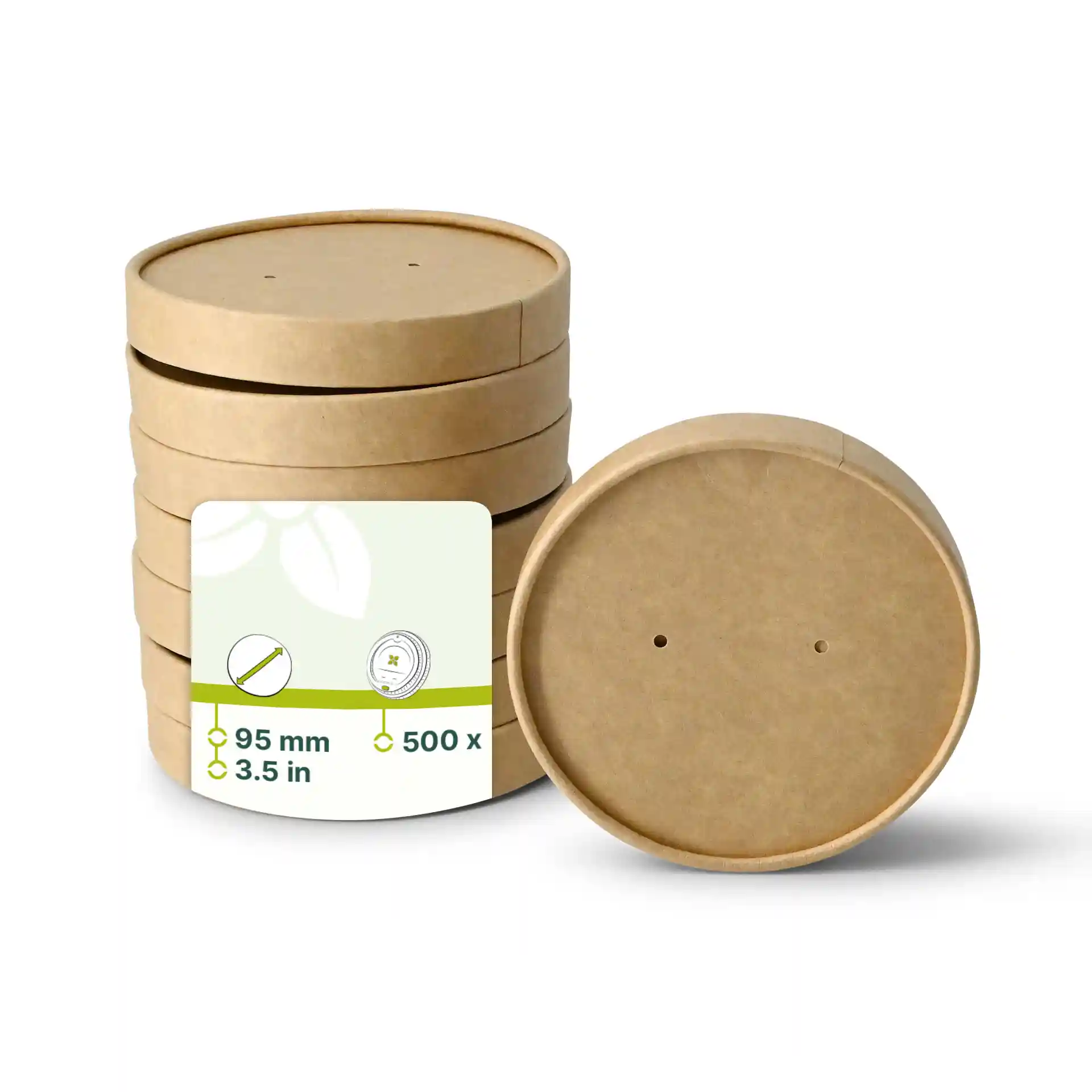 Stack of brown cardboard lids with a diameter of 95 mm, showing a label with dimensions and quantity.