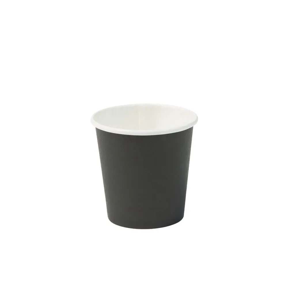Black single-wall paper cup, 100 ml, with PLA coating, featuring a white interior and designed for hot and cold drinks.