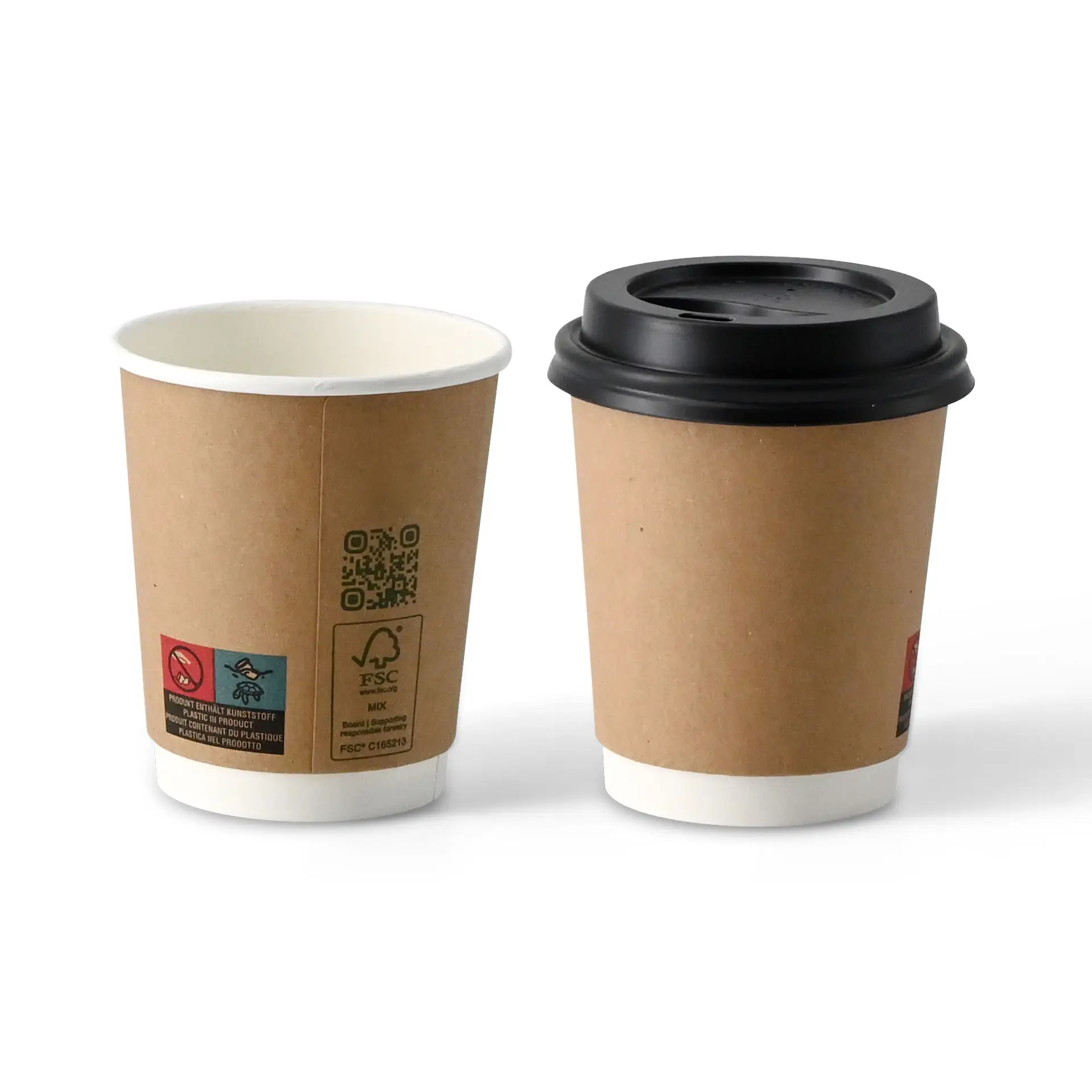 Brown double wall coffee cup with a white interior, one with a black lid, both 200 ml capacity.