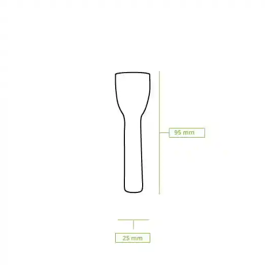 Schematic drawing of a paper ice cream spoon, 95 mm long and 25 mm wide, shown in outline form.