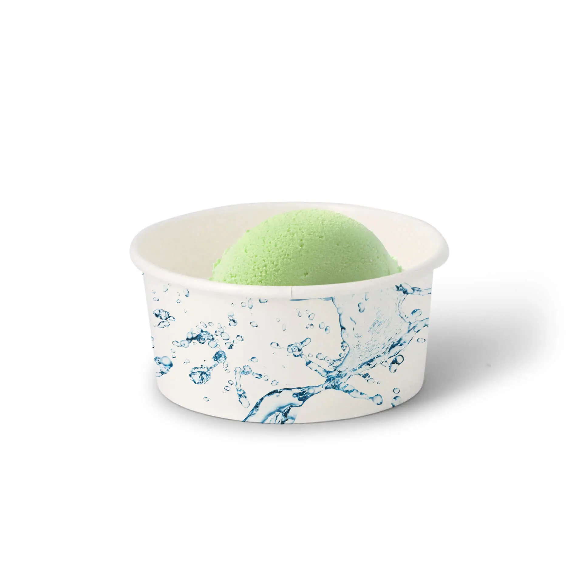 One white ice cream cup with a green scoop of ice cream, featuring a water splash design on the exterior.