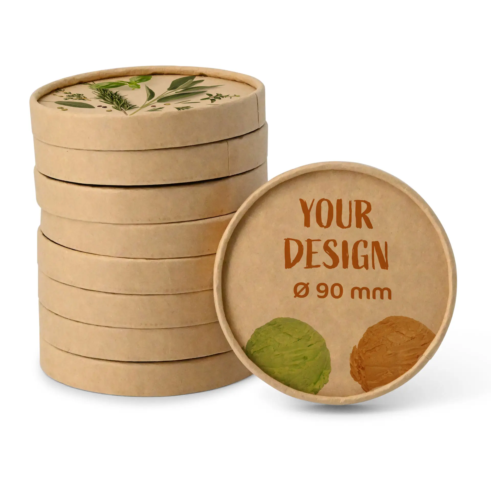 Cardboard lids for ice cream cups, Ø 90 mm, brown with printed design, stacked with similar lids in the background.
