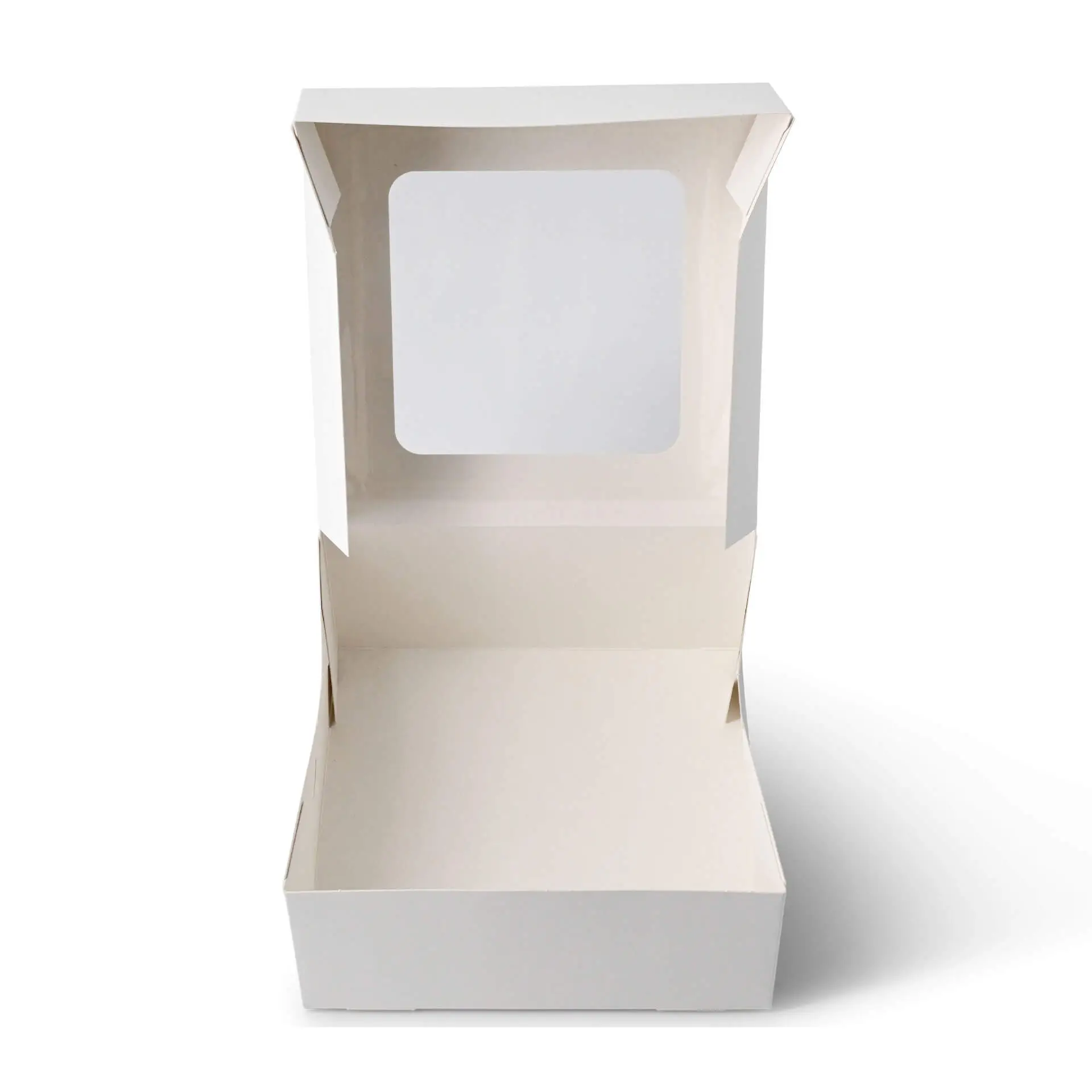 White cupcake box with a cellulose window, designed to hold four baked goods like muffins or brownies.