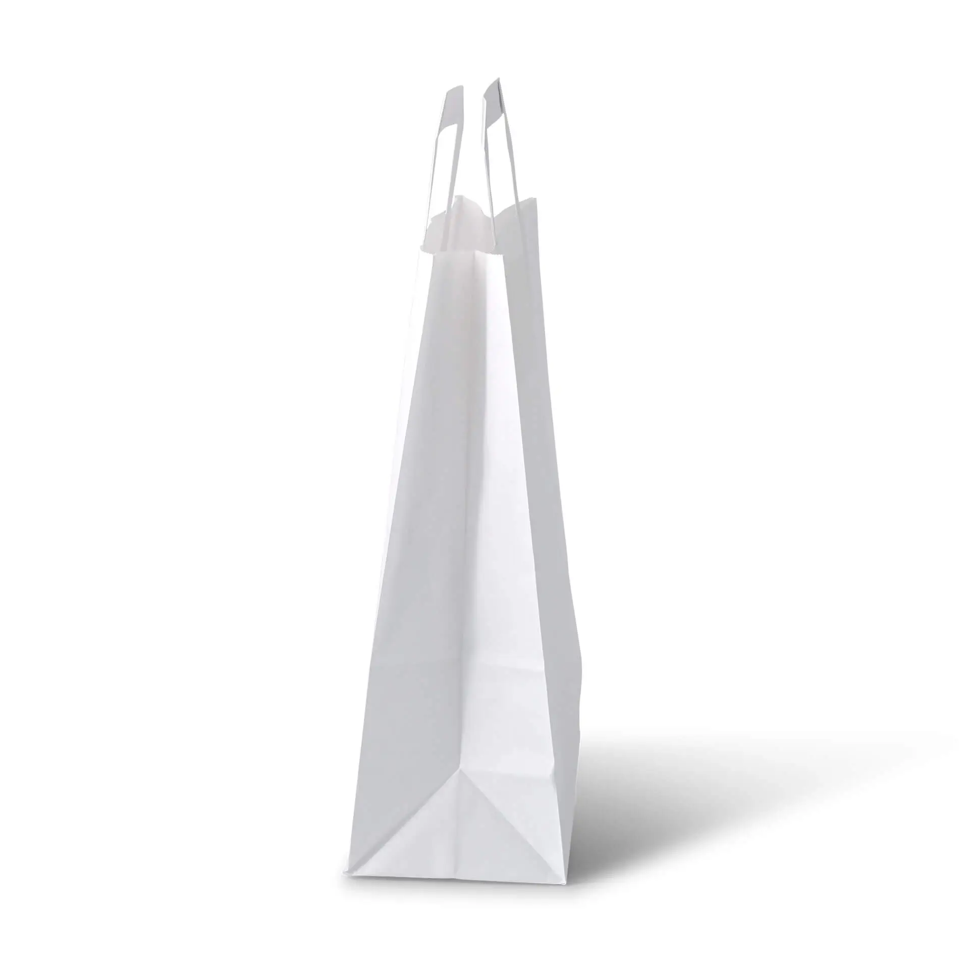 White paper carrier bag in a side view; designed for shopping and groceries, tear-resistant with a maximum fill weight of 2.5 kg.