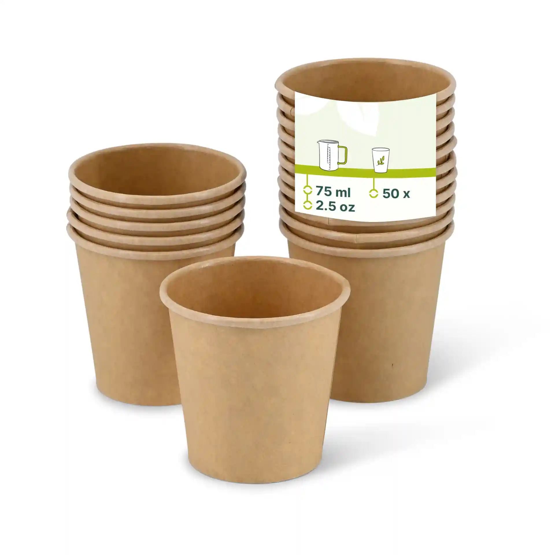 Brown paper portion cups stacked with one cup in front, showing a label with capacity details.