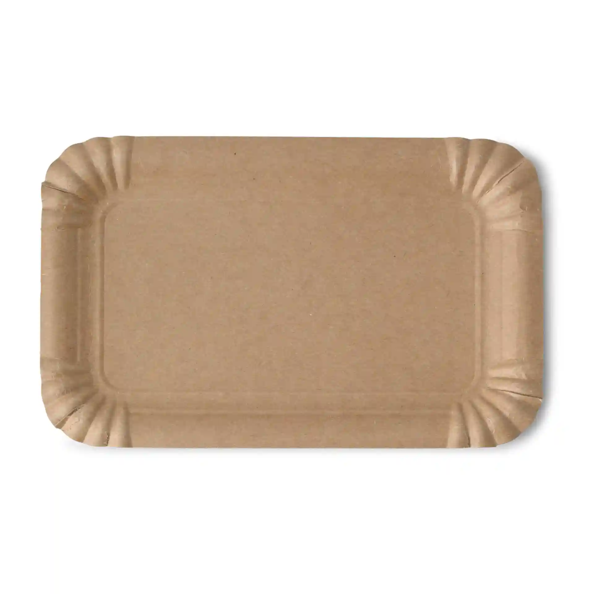Rectangular brown cardboard plate measuring 13 x 20 cm with a shallow design and no coating.