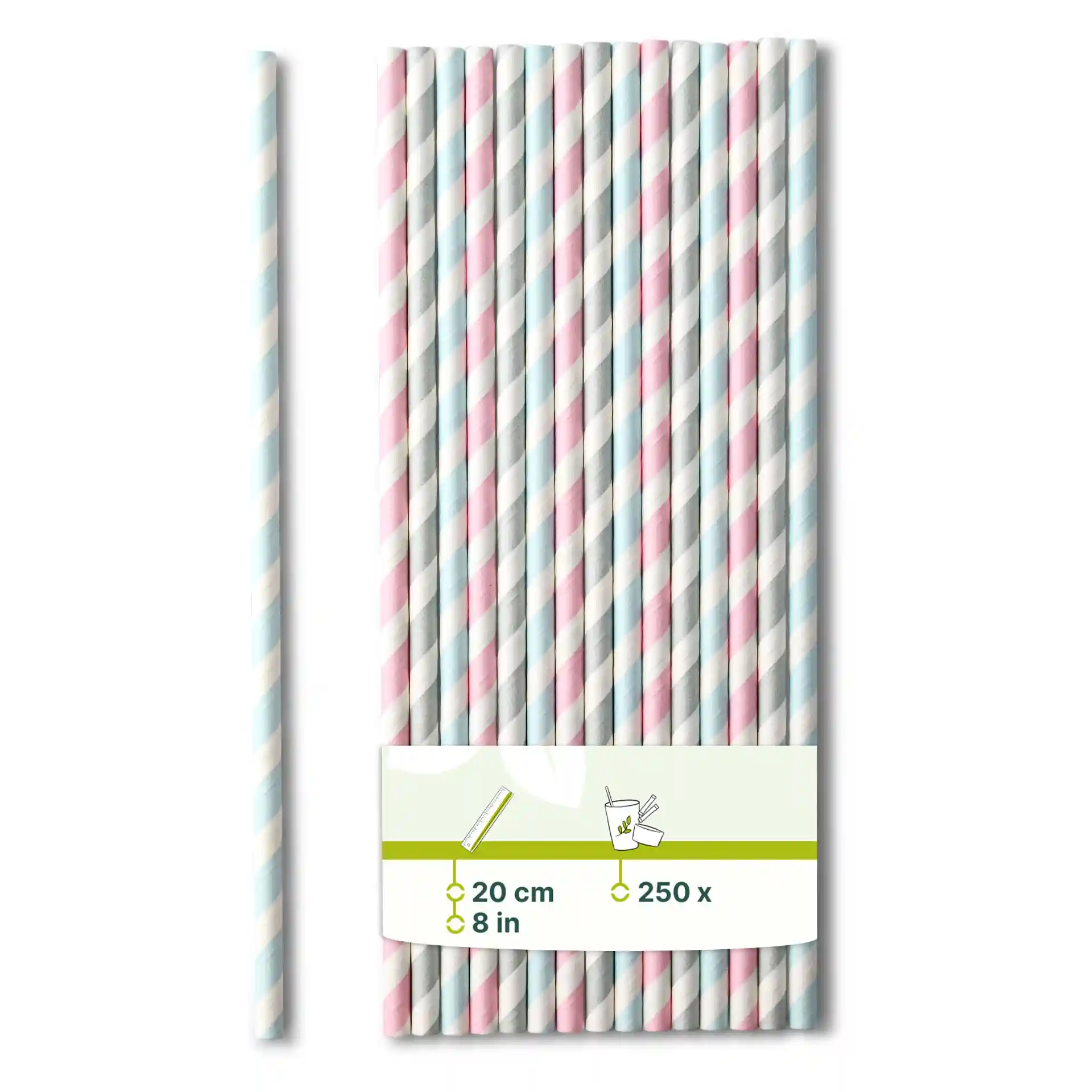 Pastel striped paper straws, 20 cm long and 0.6 cm in diameter, displayed with a label showing product details.