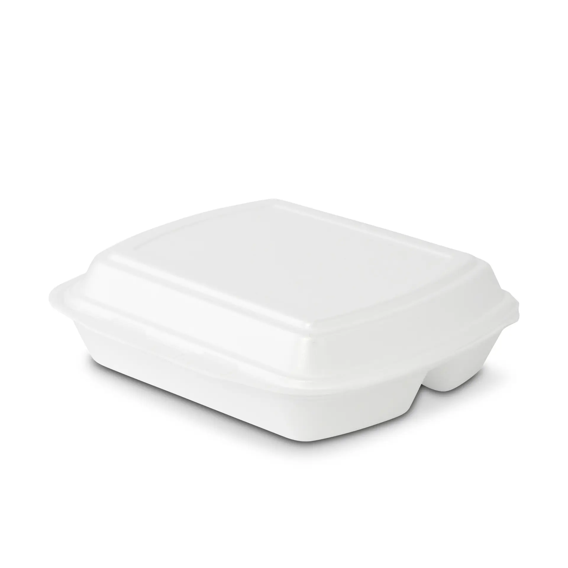 White disposable food container with a hinged lid, suitable for takeout and leftovers.