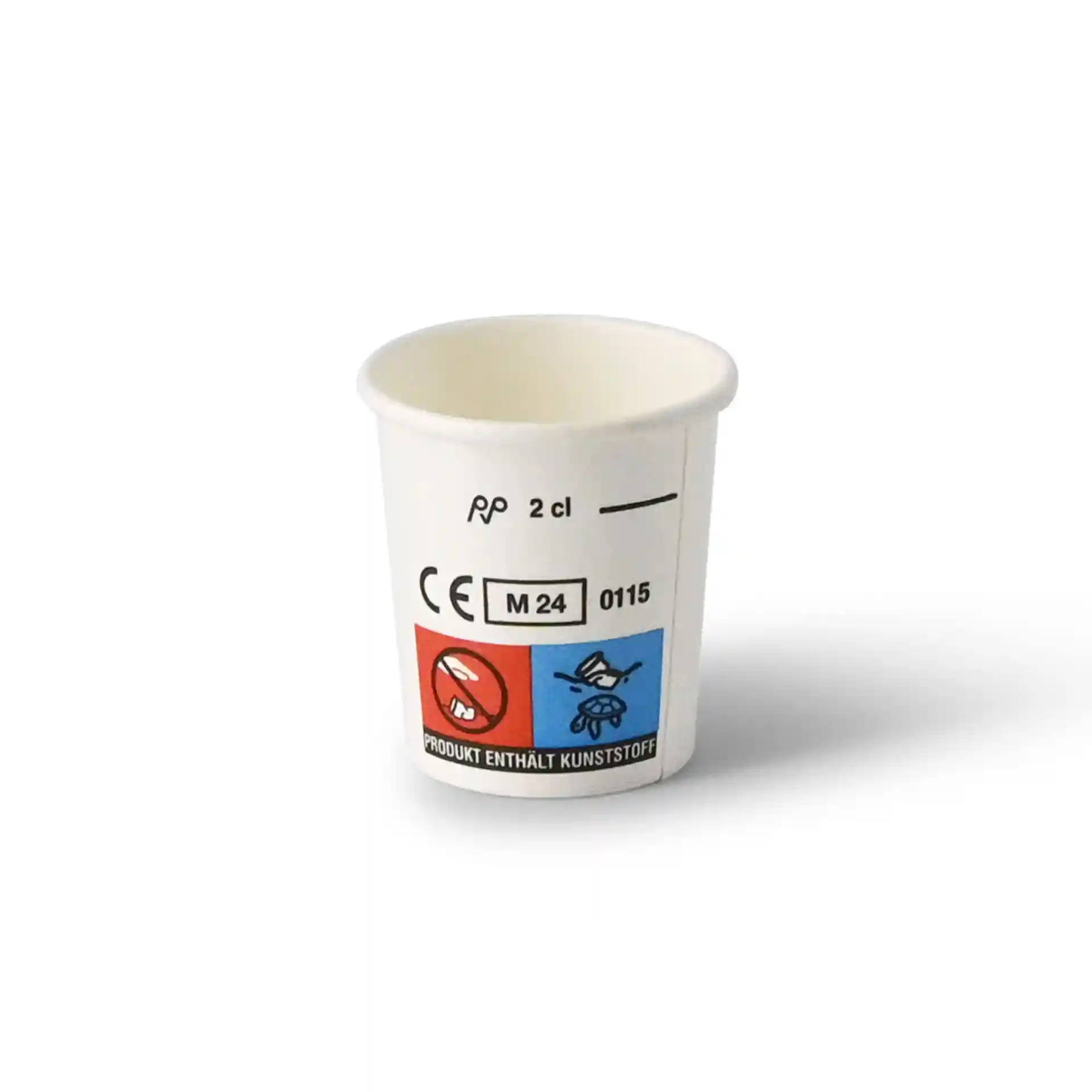 White paper shot cup with a capacity of 20 ml, featuring a blue and red label with symbols and markings.