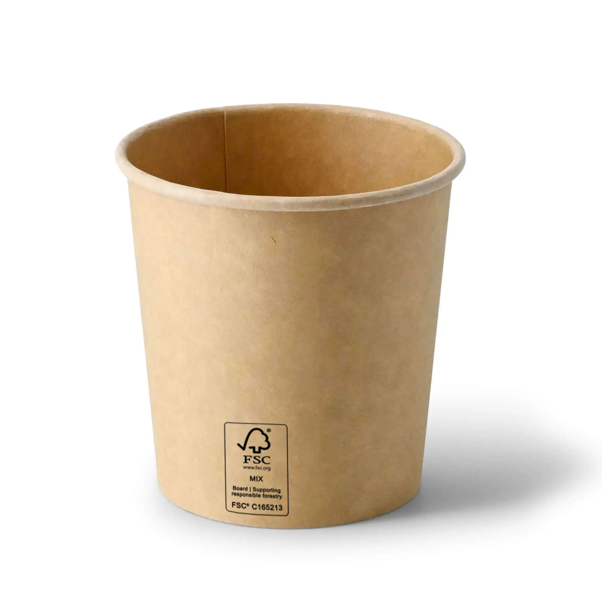Brown paperboard takeaway soup container, 16 oz, round shape, with a coating, showing the interior and base.