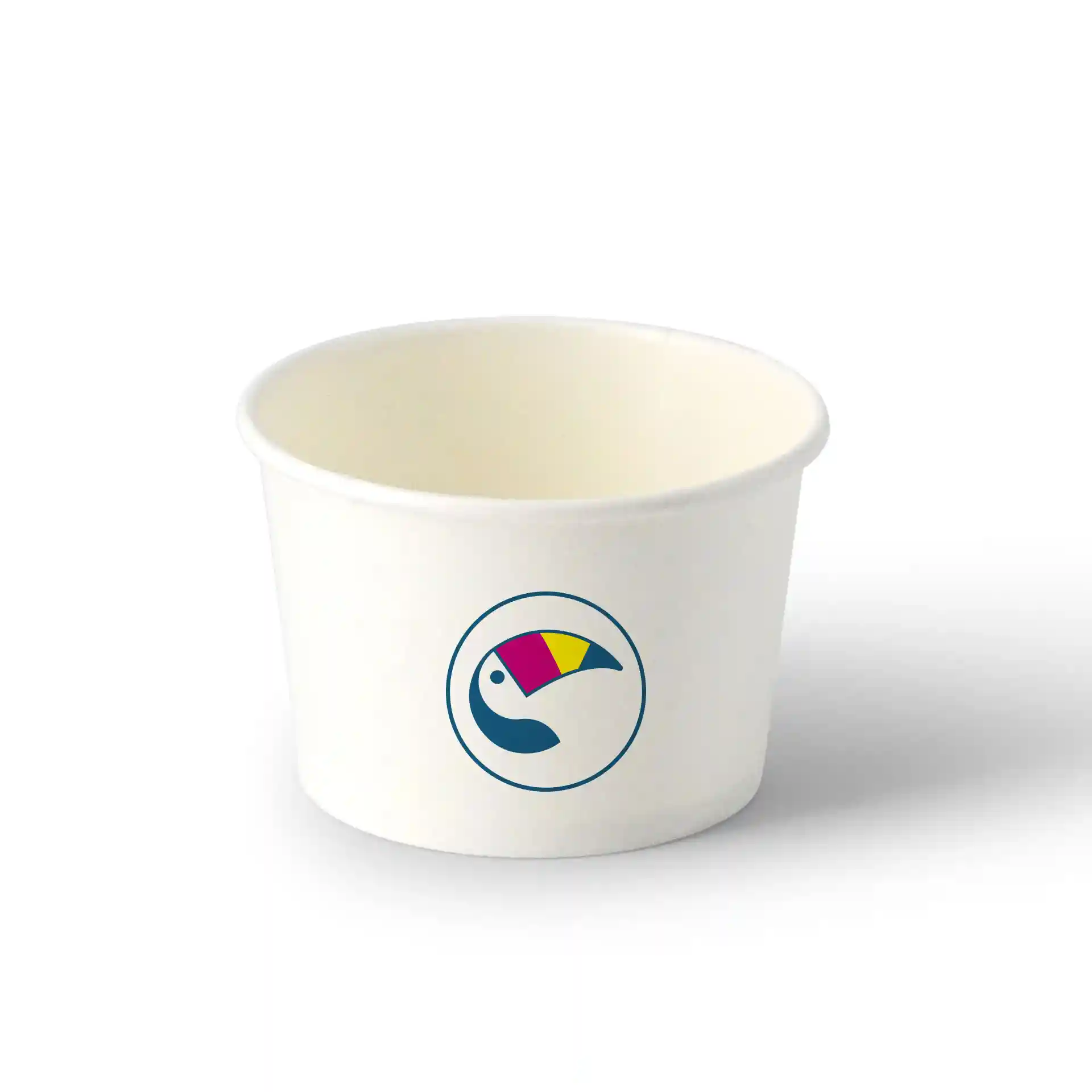 White round cardboard cup with a colorful logo, 125 ml capacity, on a plain background.