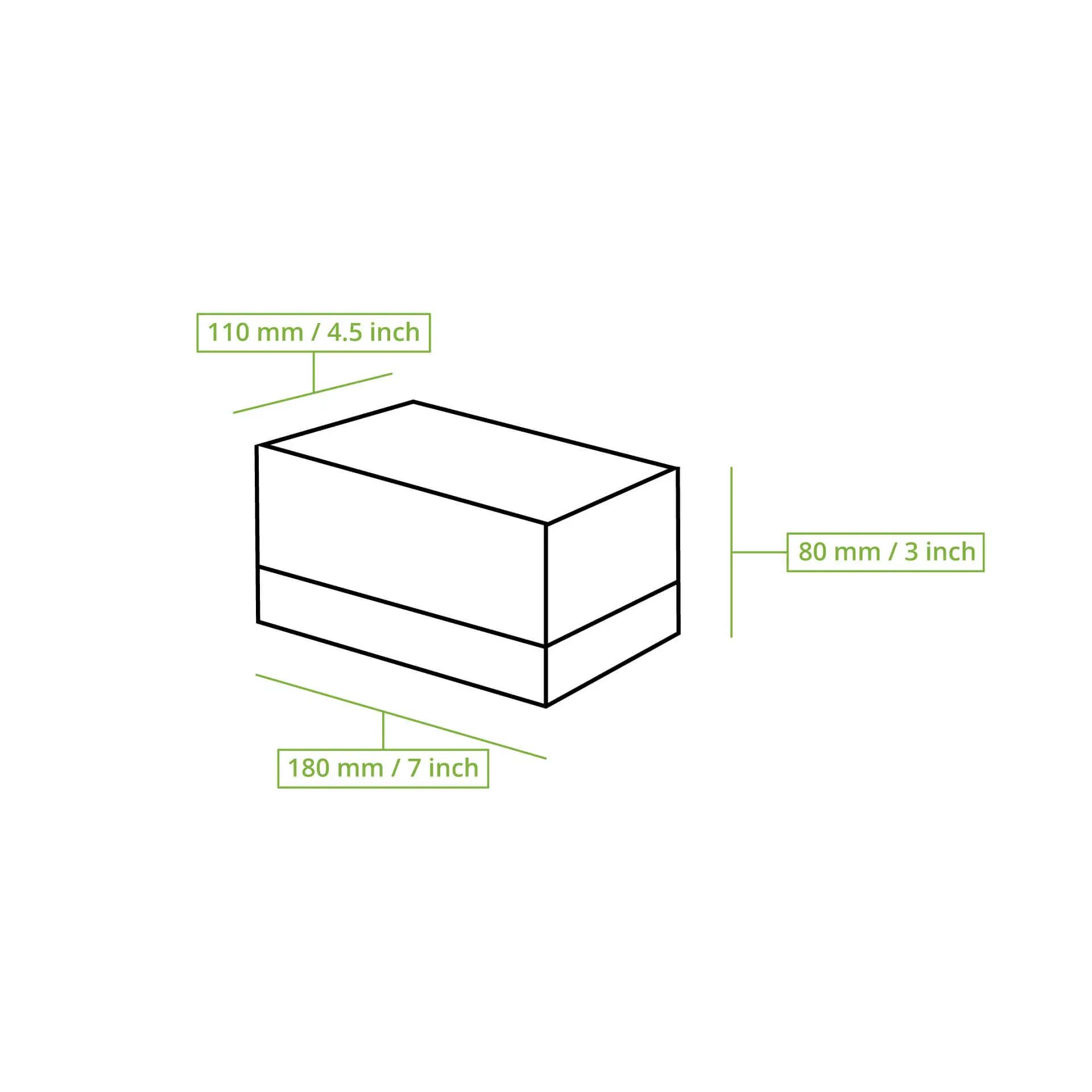 2-piece white cupcake box illustration with dimensions marked: 180 mm (7 inch) length, 110 mm (4.5 inch) height, 80 mm (3 inch) width.