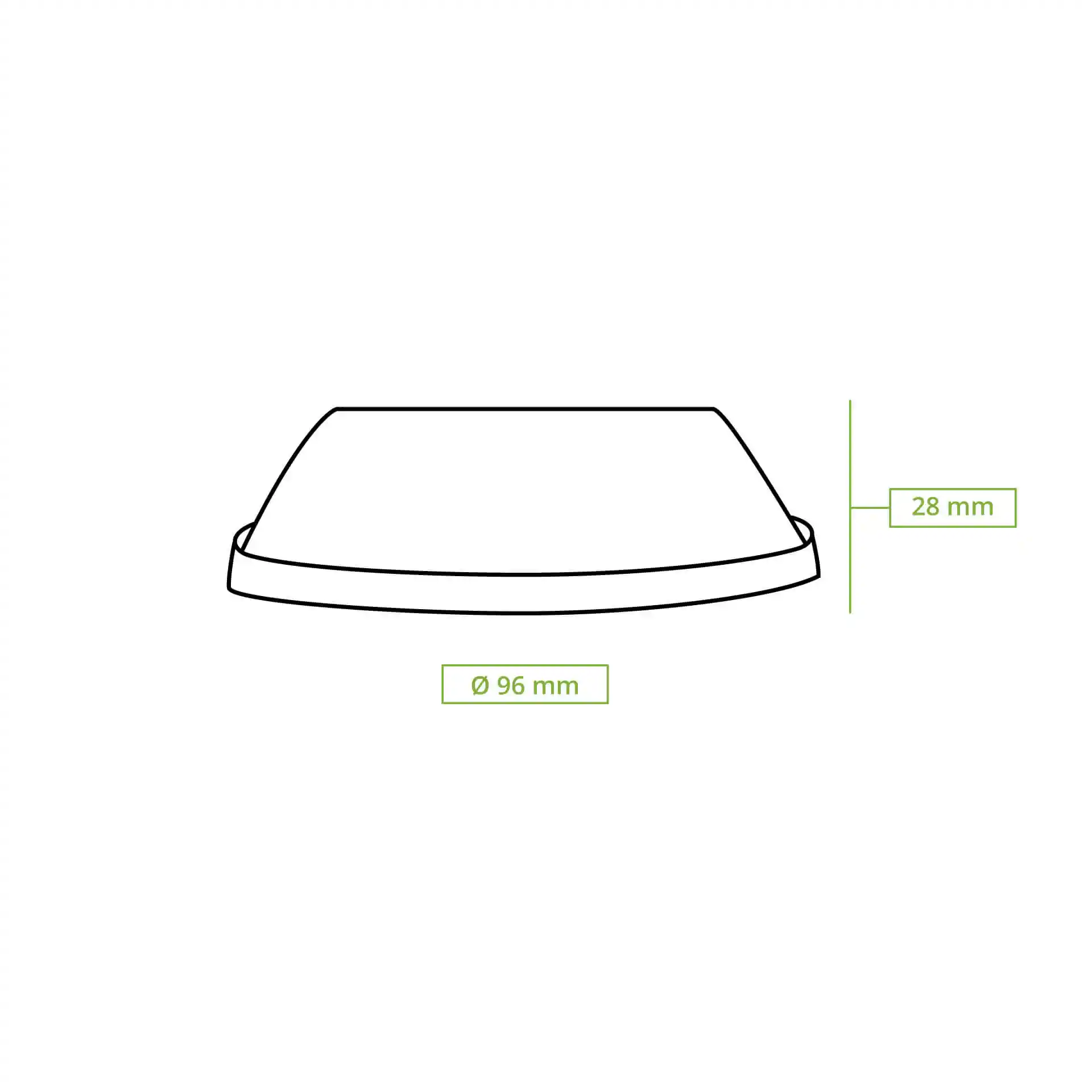 Schematic drawing of a transparent PLA lid with a diameter of 96 mm and a height of 28 mm.