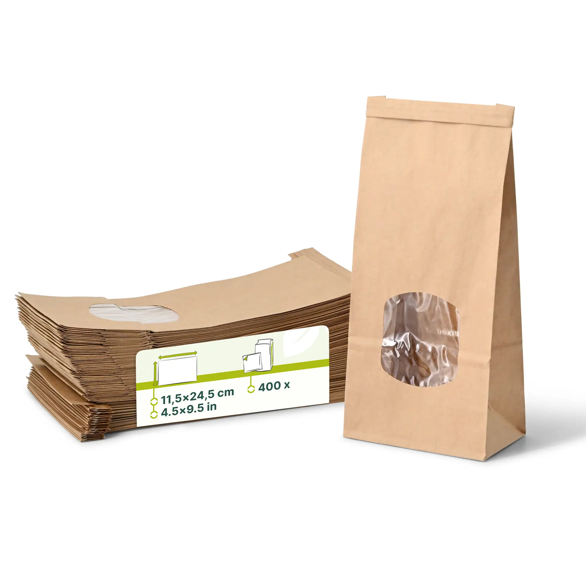 Block bottom bags with window M, 11.5 x 7 x 24,5 cm, PP-foil, brown, tin tie, kraft paper Block bottom bags with window M, 11.5 x 7 x 24,5 cm, PP-foil, brown, tin tie, kraft paper