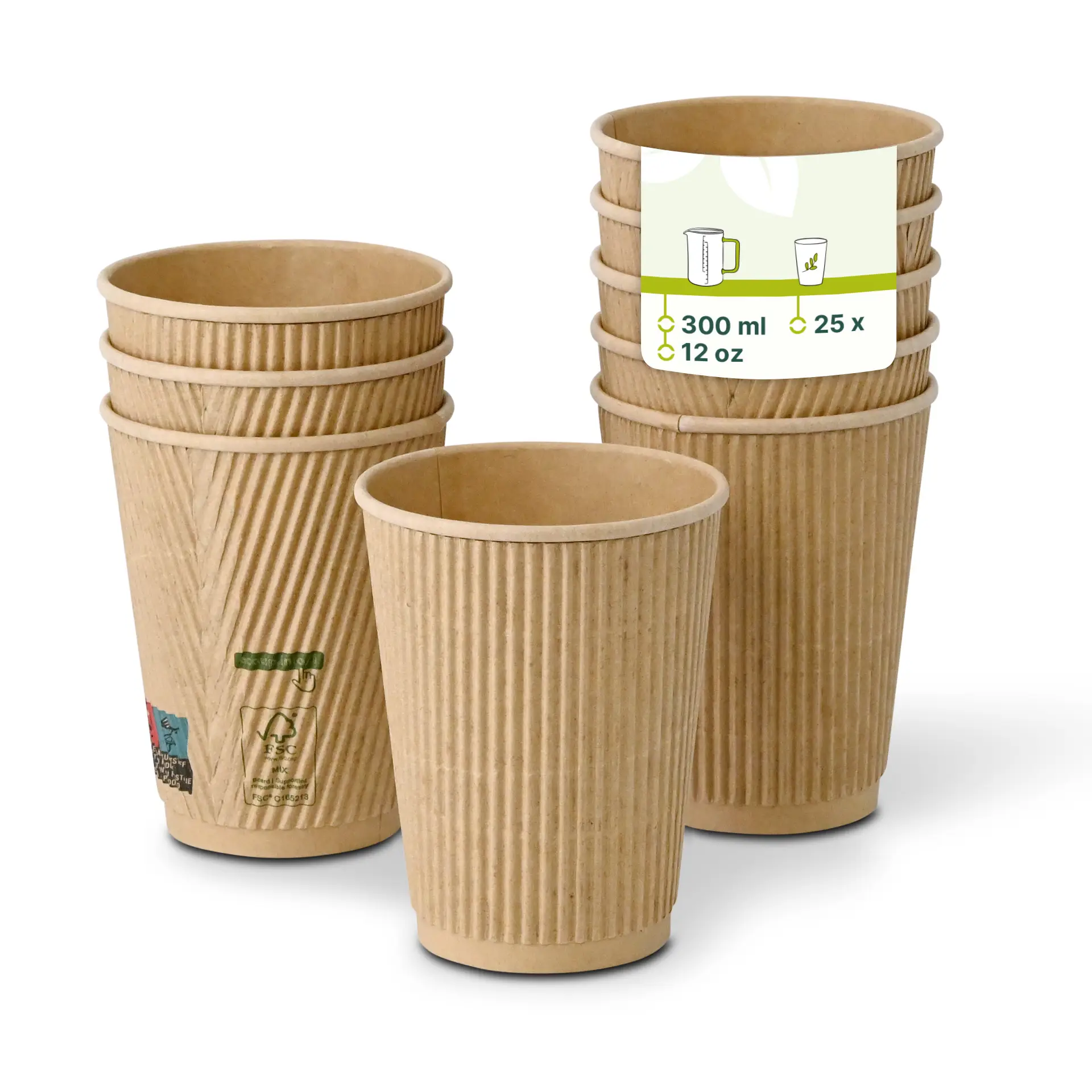 One 12 oz ribbed kraft coffee cup, with multiple similar cups beside it; cup features a PLA inner coating and insulating ripple-wall design.
