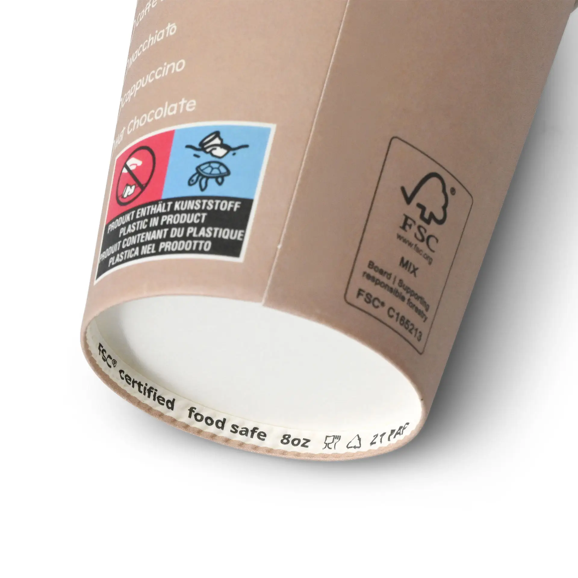 Round 8 oz paper cup with printed design, showing interior markings and a brown exterior.