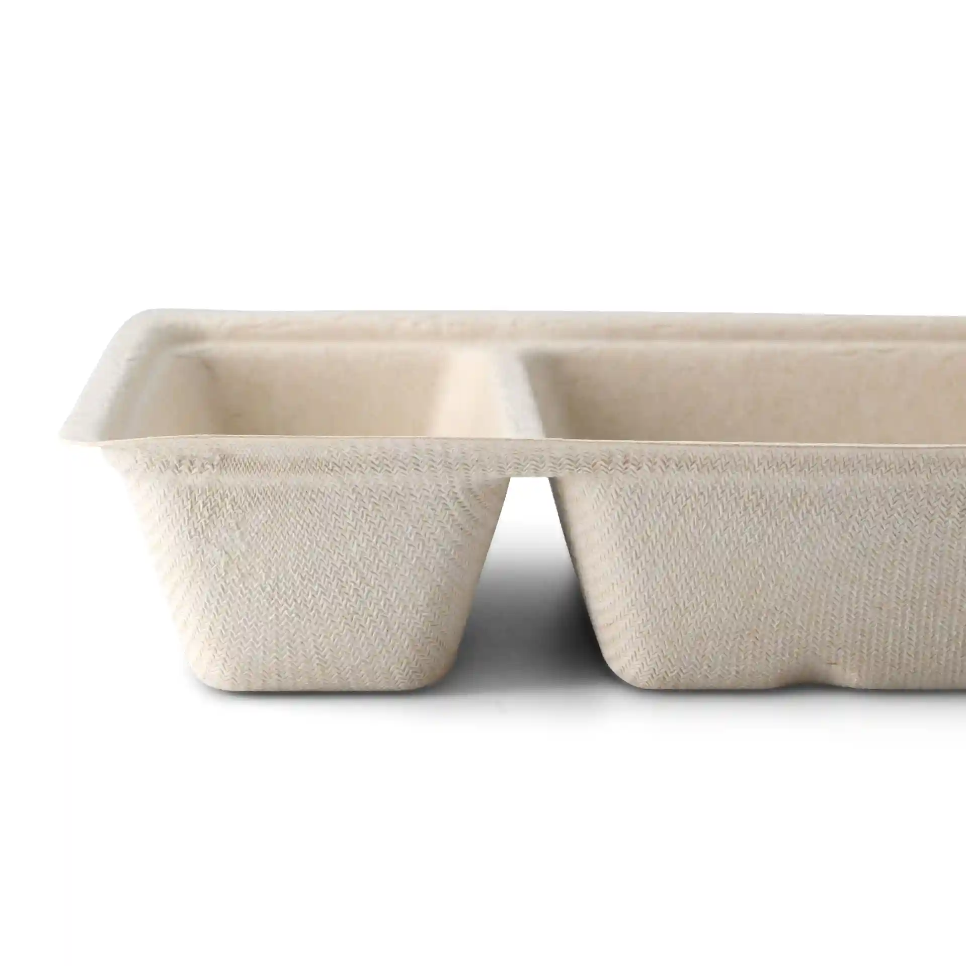 Rectangular cream white bagasse chip tray with two compartments, measuring 12 x 20 x 3.5 cm.