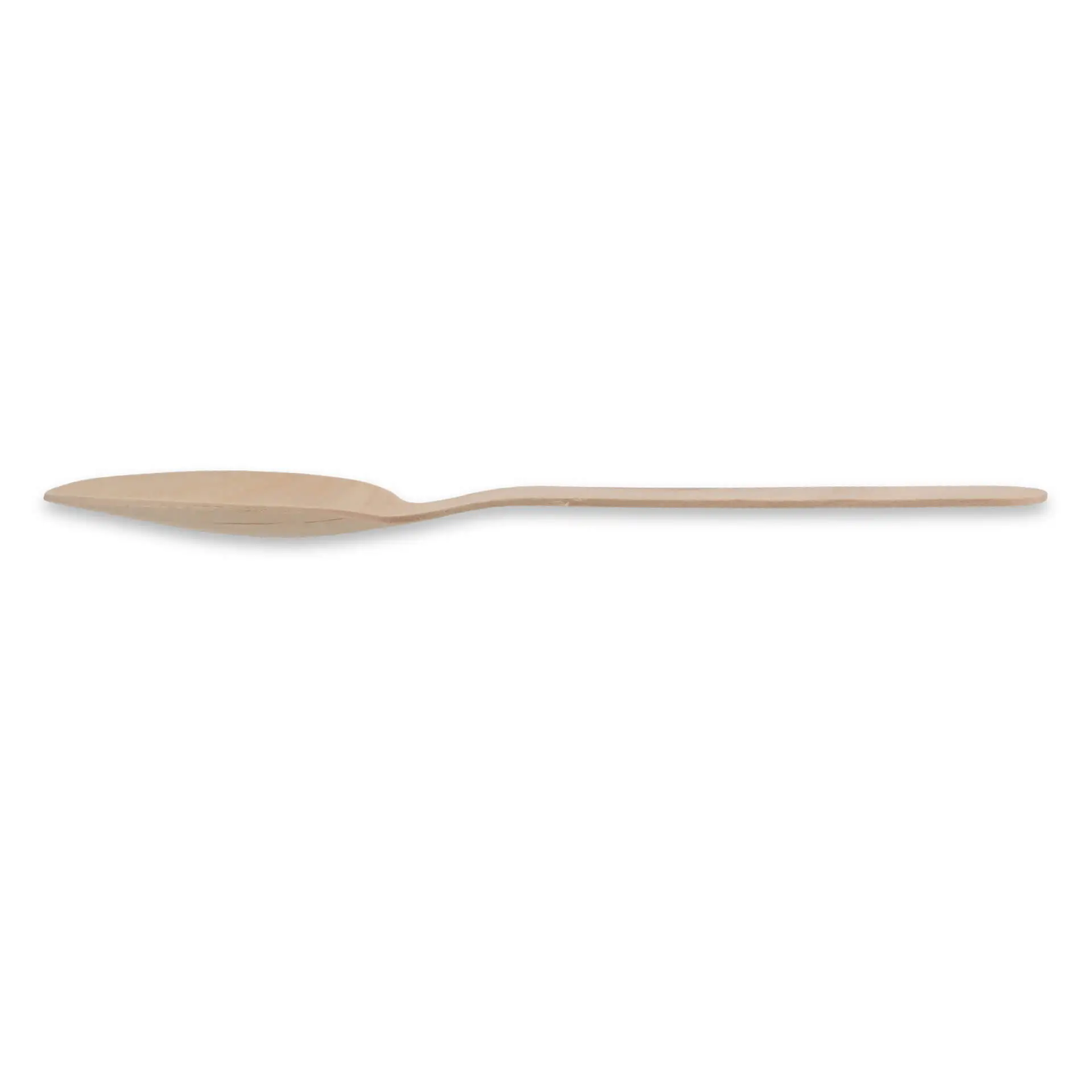 Wooden spoon, 18 cm long, with a brown color and a smooth finish, placed on a plain background.