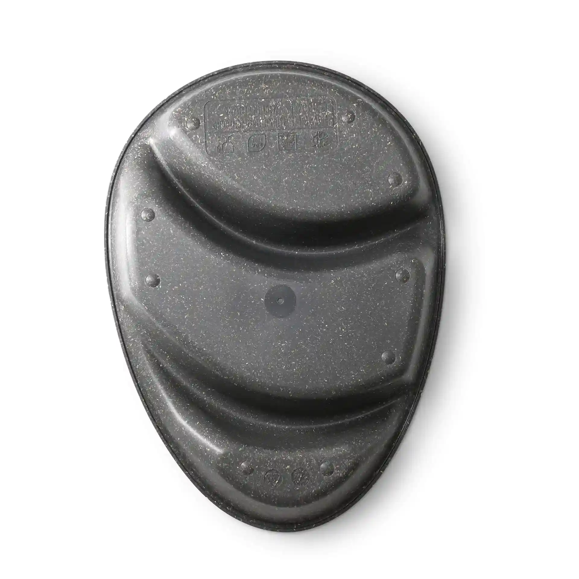 Reusable divided plate in teardrop shape with three compartments, grey color, measuring 27.5 × 20 × 3.5 cm.