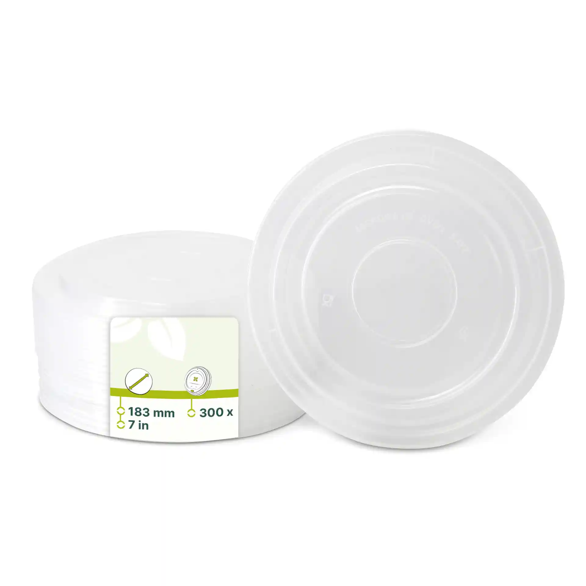 Transparent round reusable lid made of PP, showing a label with dimensions and quantity.