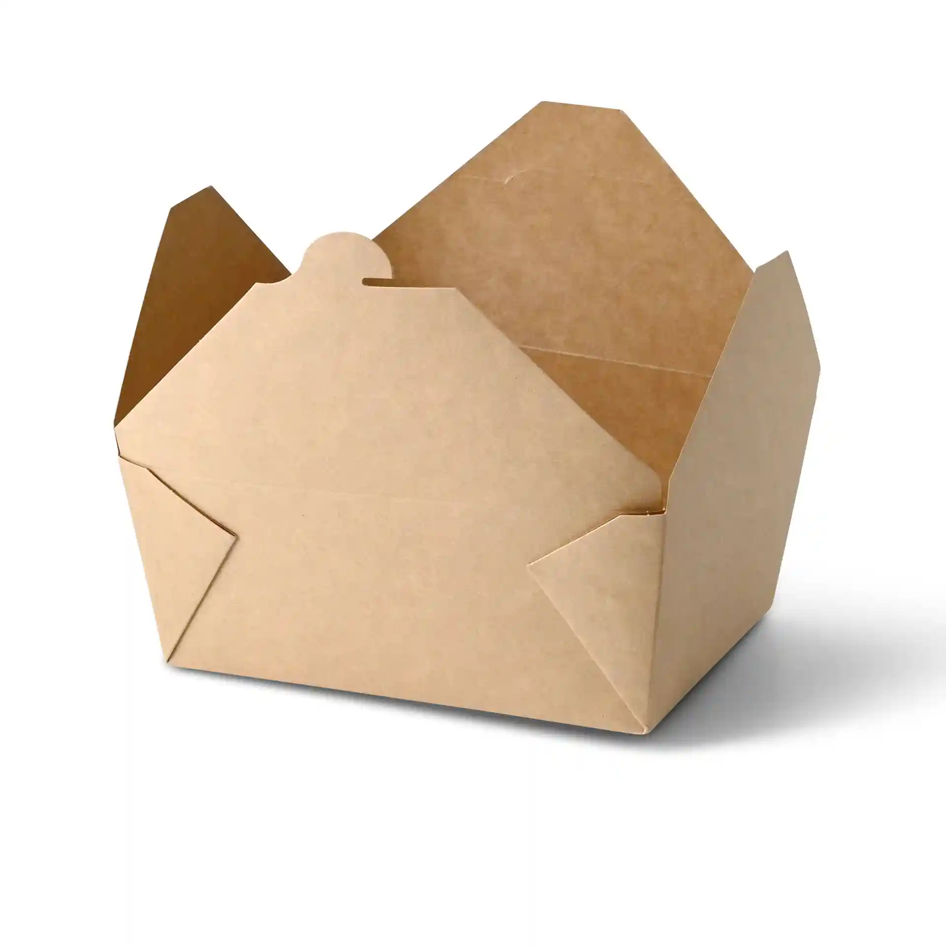 Brown cardboard take-away box with an open top and rectangular shape, dimensions 215mm length, 160mm width, 90mm height.