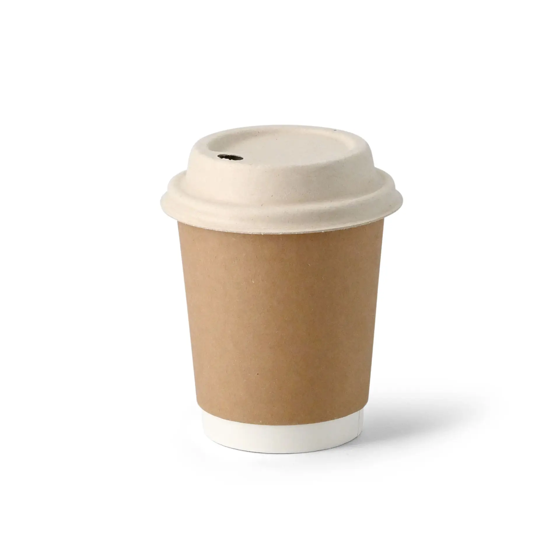 Brown sugarcane lid for paper cups, suitable for both hot and cold drinks, featuring a drinking opening.