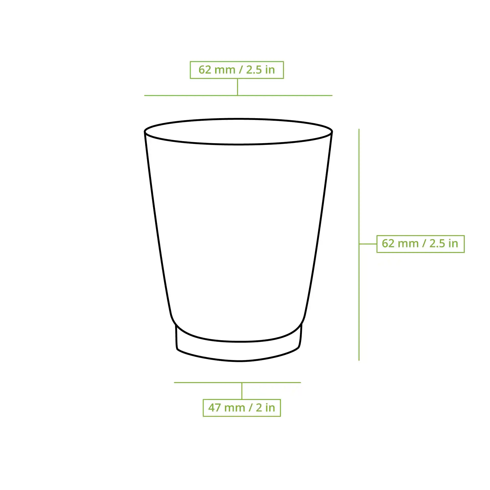 Schematic drawing of a ribbed cup with dimensions: 62 mm diameter, 63 mm height, and 47 mm base diameter.
