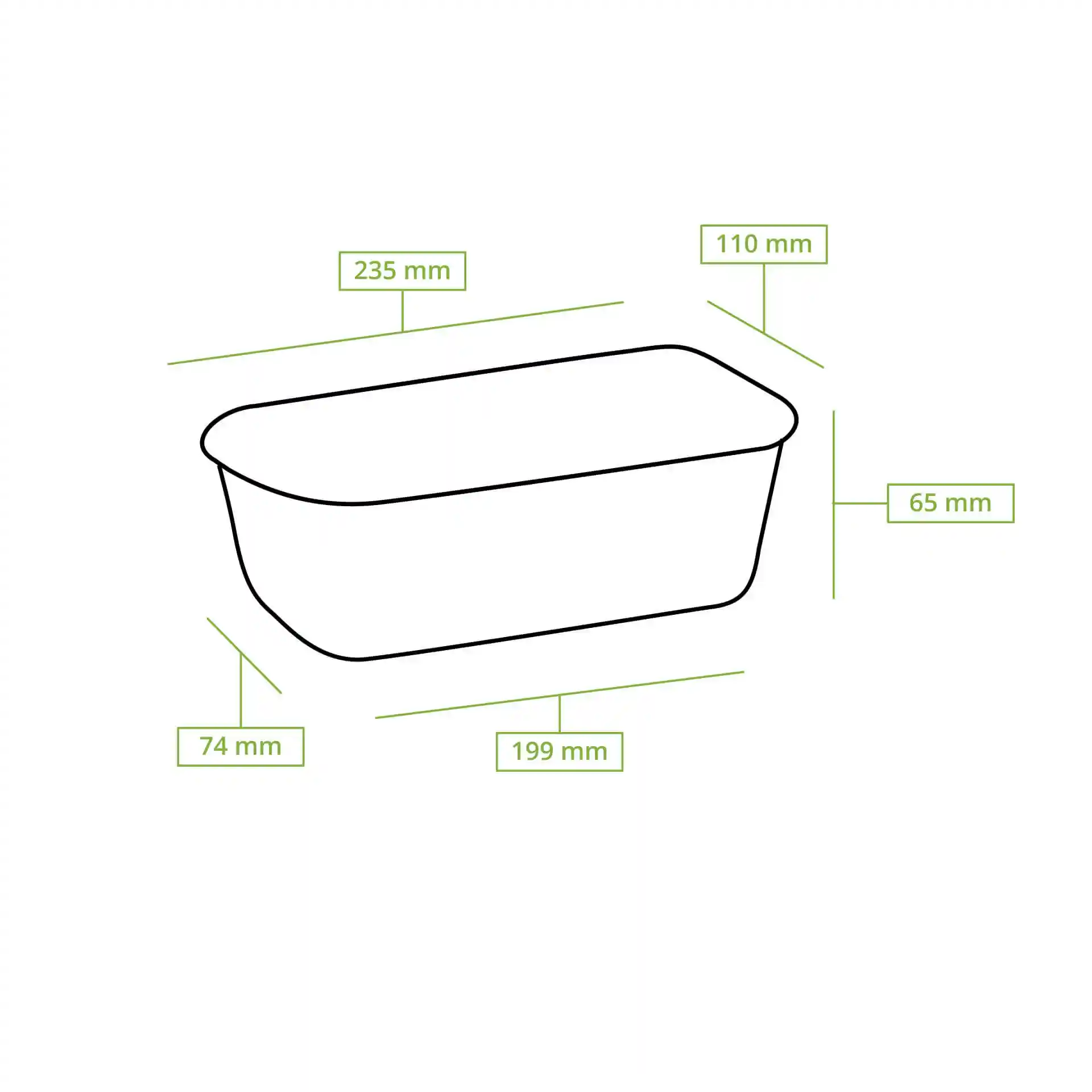 Schematic drawing of a rectangular baking mould with dimension lines indicating 235 mm length, 110 mm width, and 65 mm height.