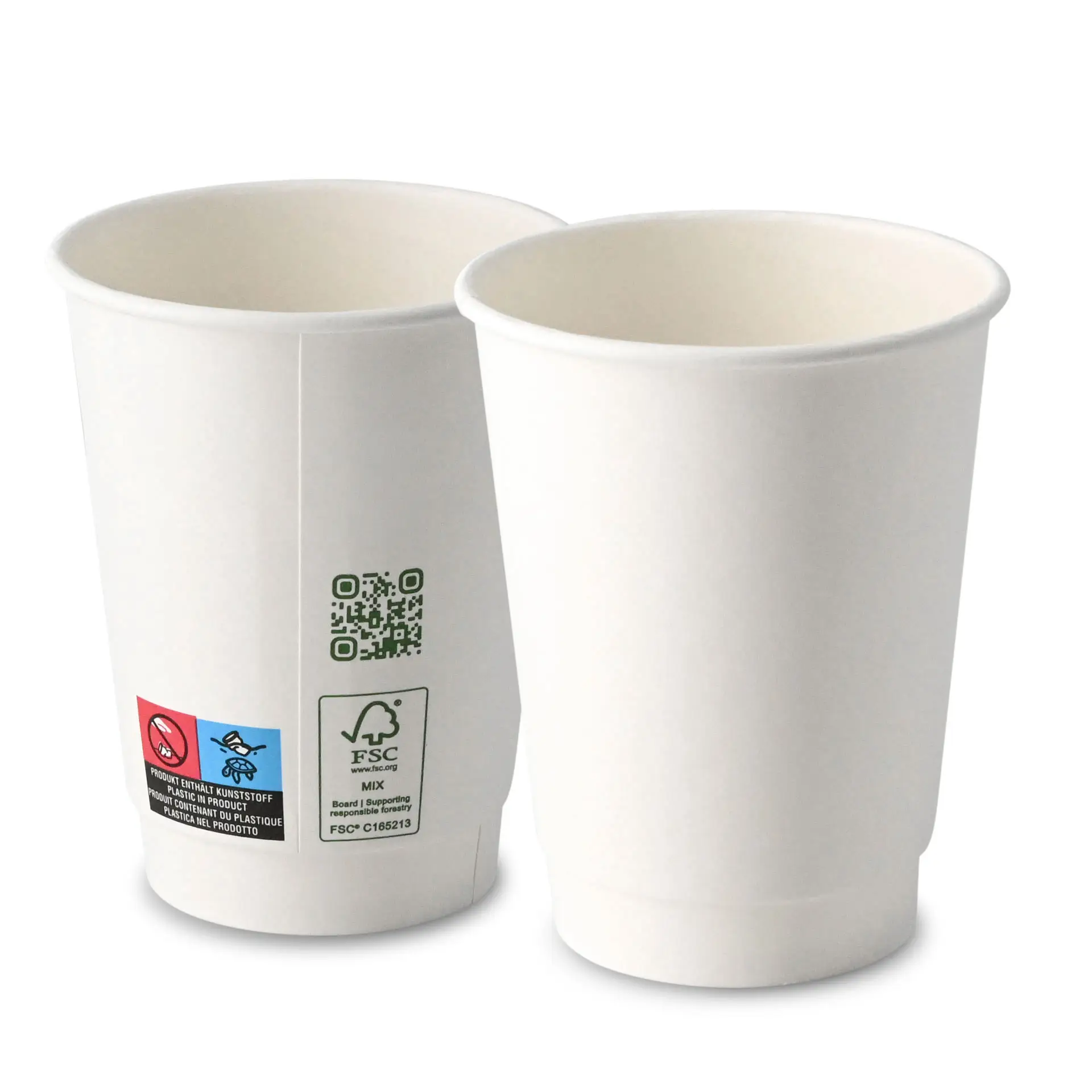 White double wall coffee cup, 300 ml capacity, with visible interior and exterior, showing printed labels and symbols.
