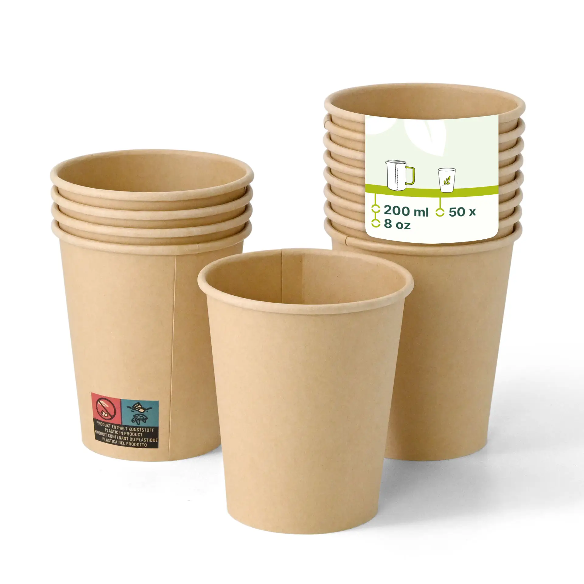 Brown single wall paper cups stacked, with one cup in front showing a plain design and a label with volume details.