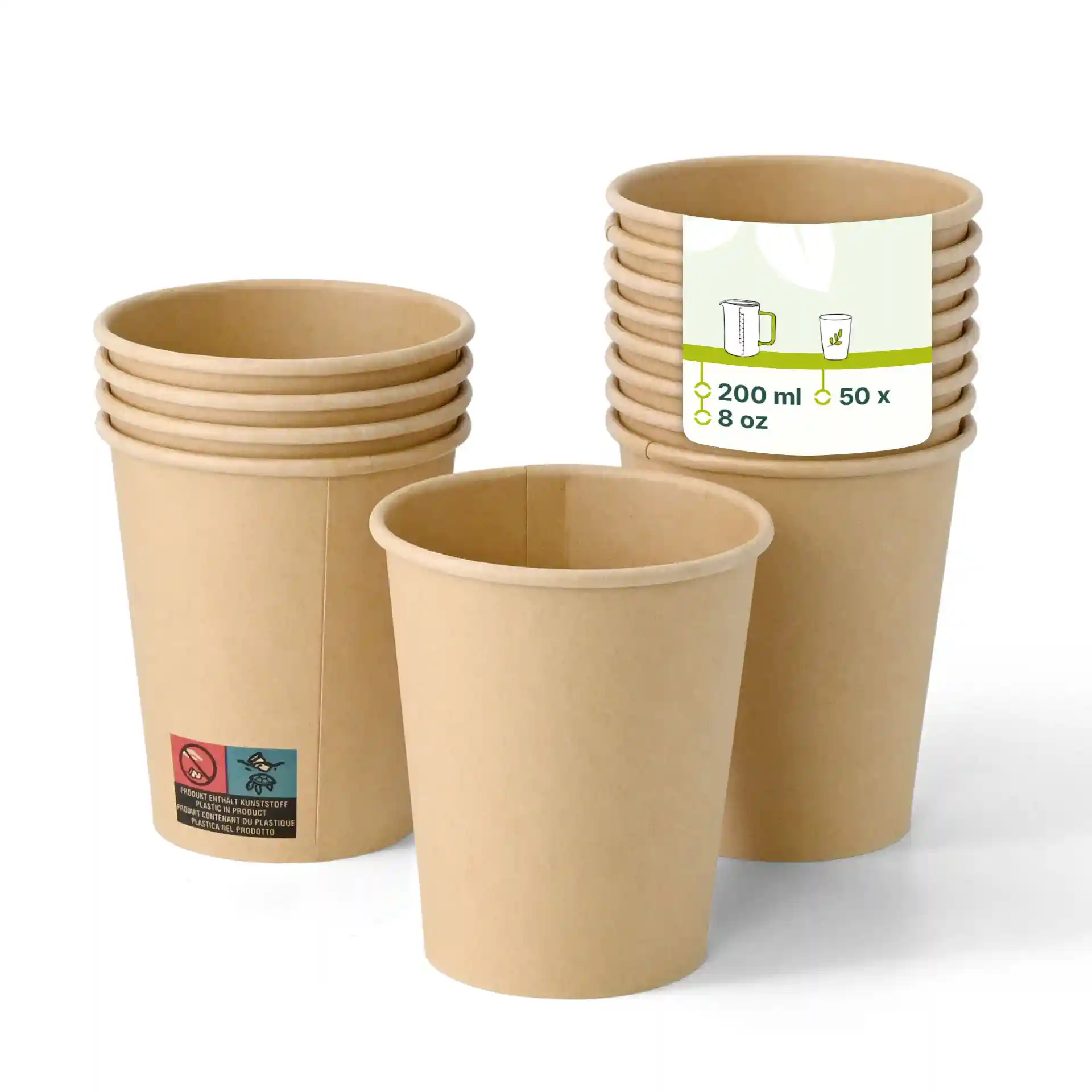 Brown single wall paper cups stacked, with one cup in front showing a plain design and a label with volume details.