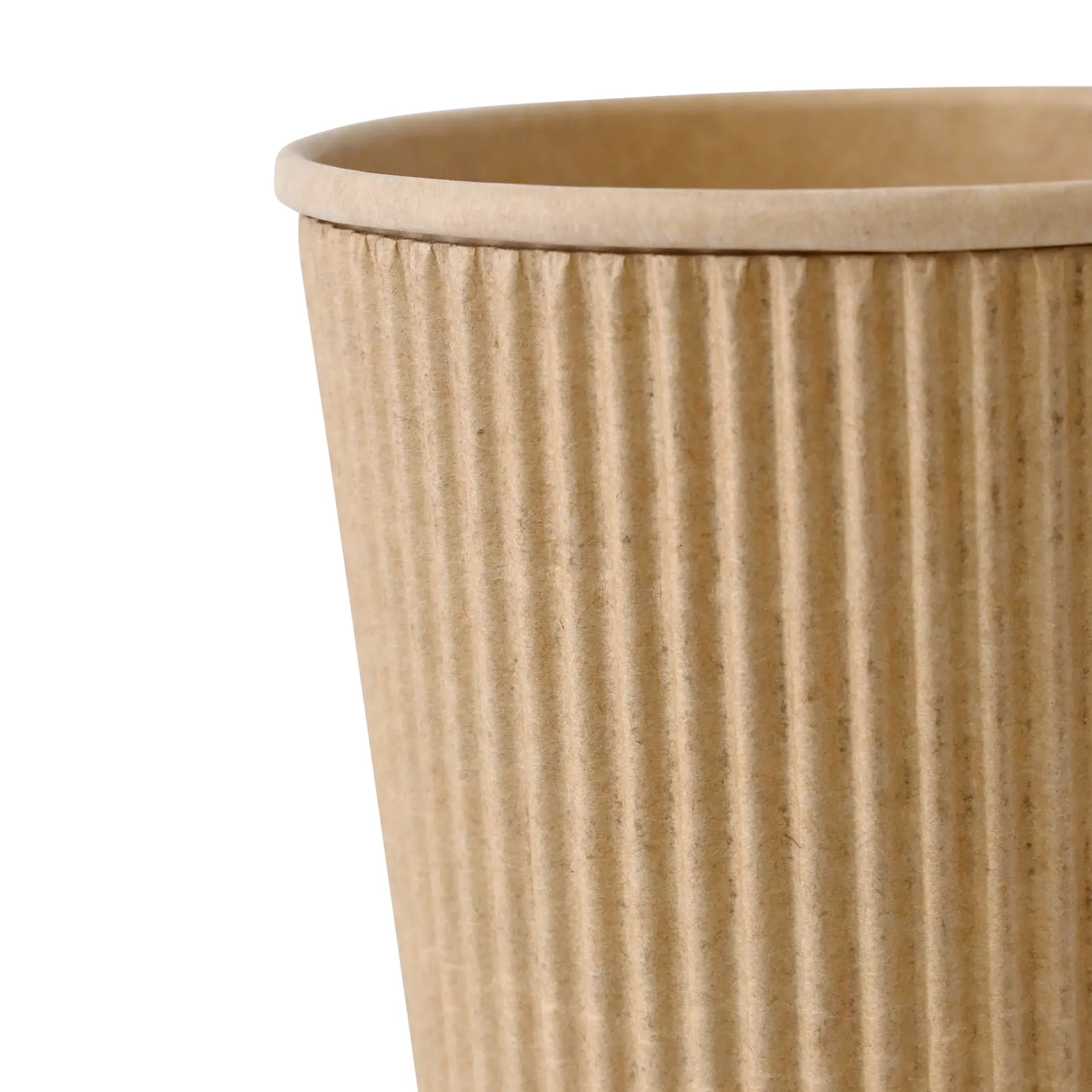 One brown ribbed disposable coffee cup with a triple-walled design; features an inner PLA coating for insulation.