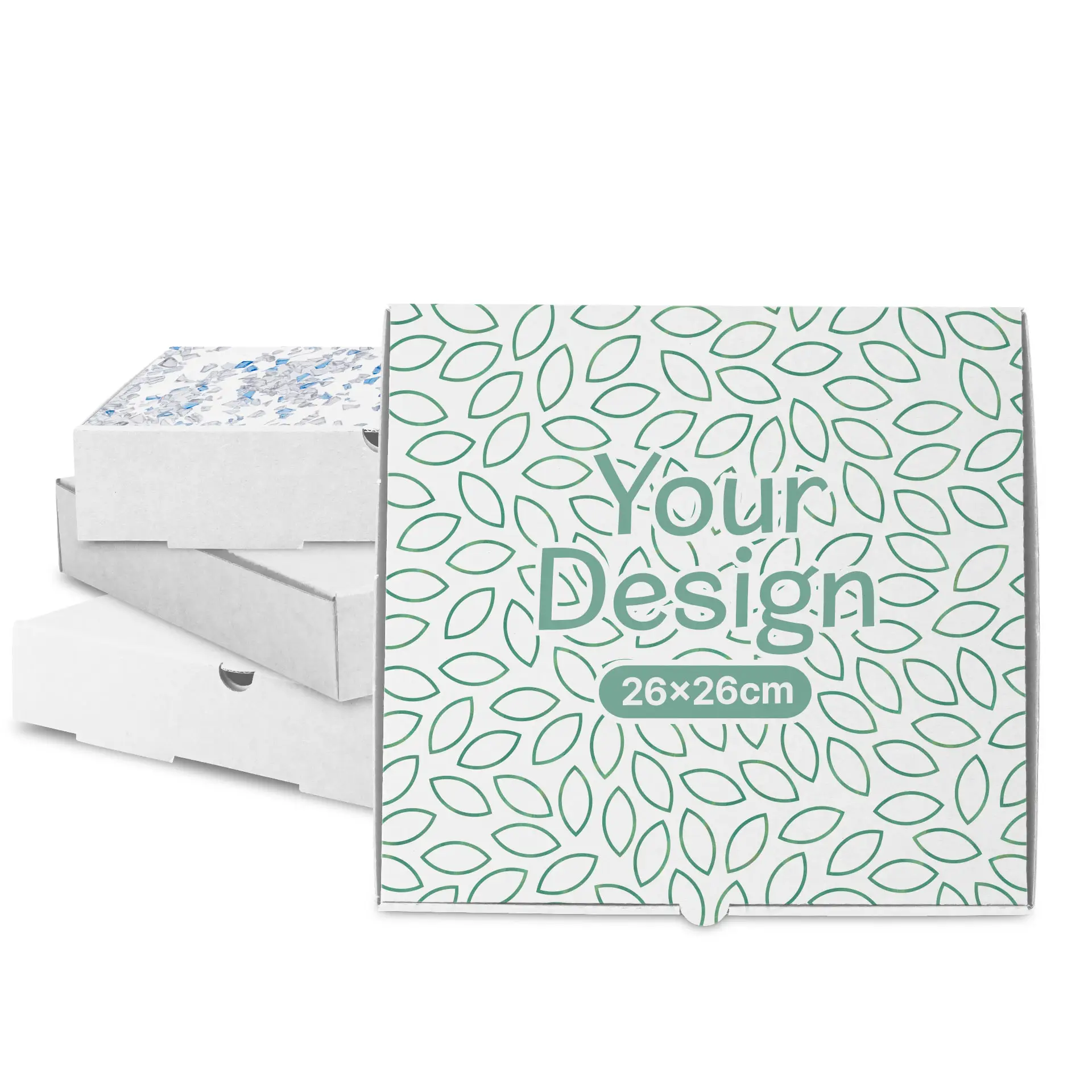 Pizza box with a leaf pattern, measuring 26 x 26 cm, in front of two plain white boxes.