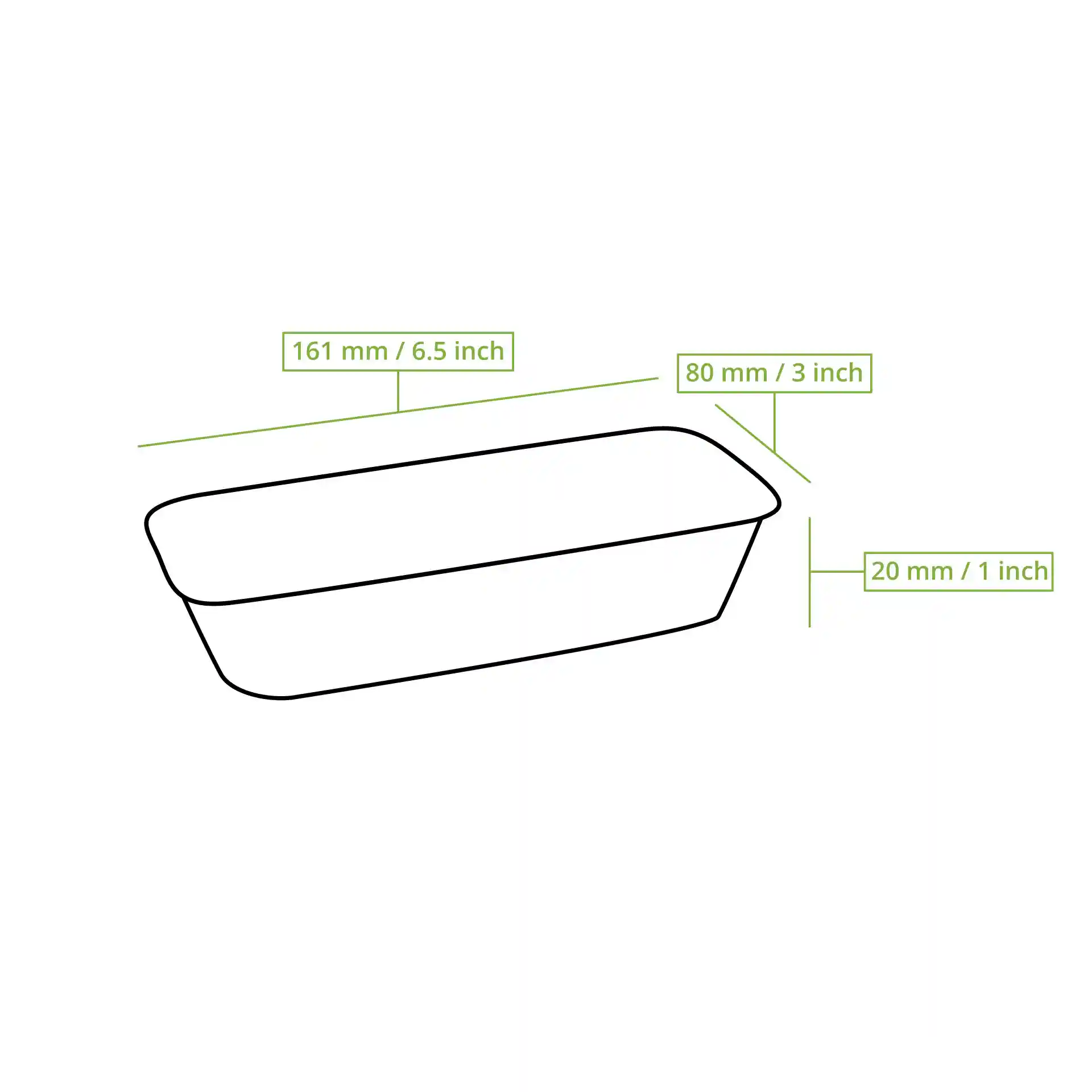 Schematic drawing of a rectangular palm leaf bowl with dimensions labeled: 161 mm length, 80 mm width, and 20 mm height.