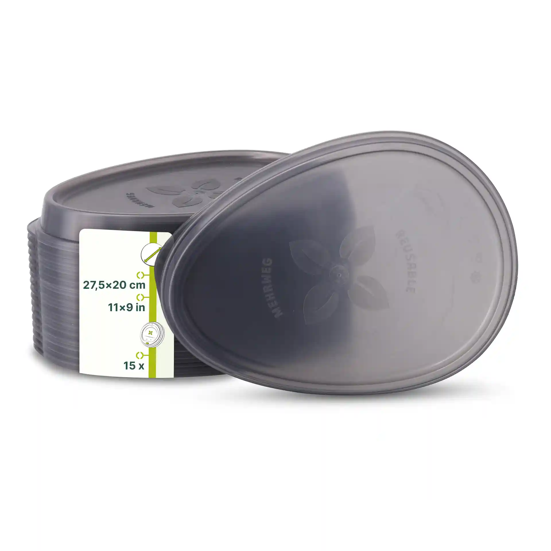 Grey oval reusable lid made of PP, dimensions 27.5 x 20 cm, with a label showing product details.