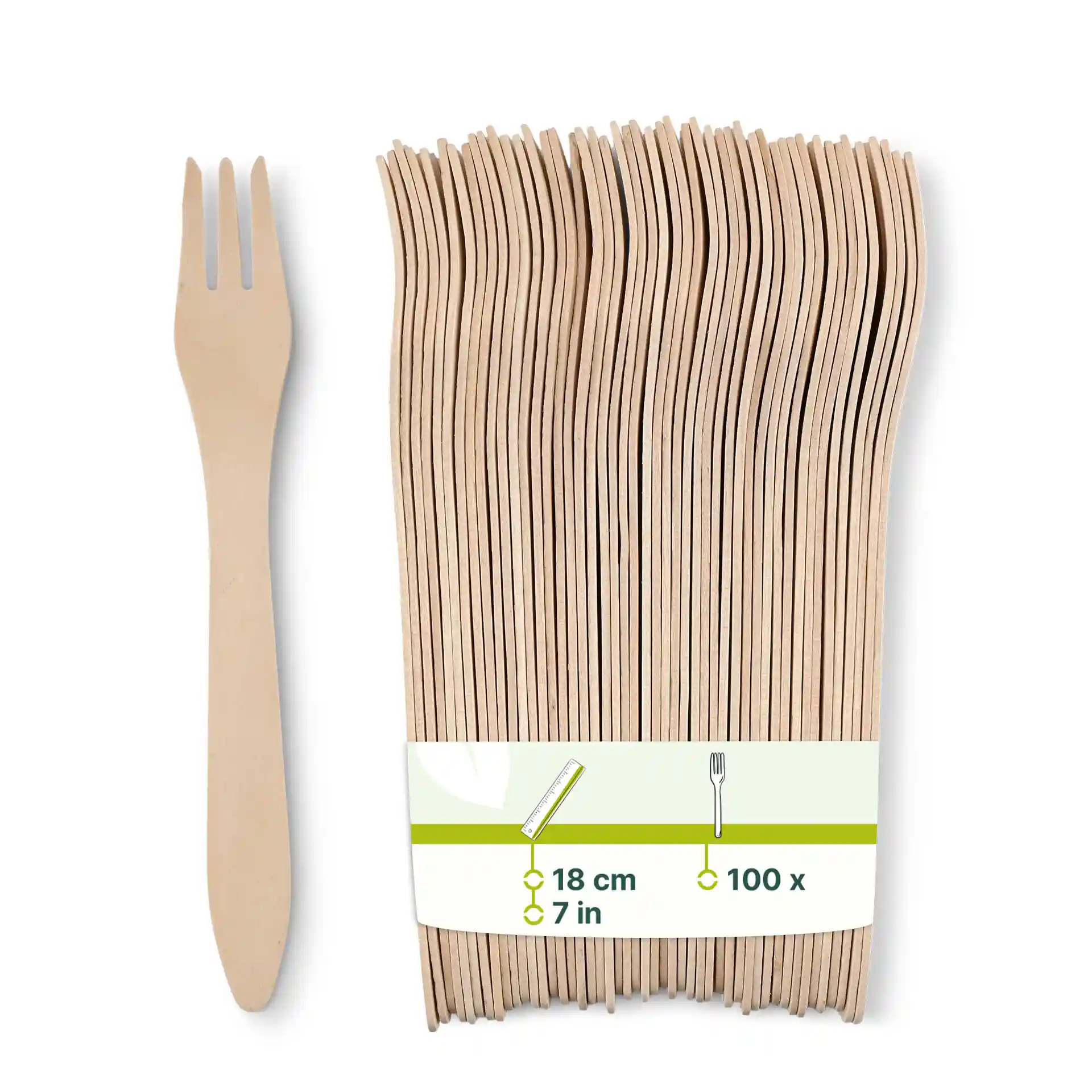 Wooden forks in a bundle, 18 cm long, with a brown color, displayed next to a single fork.