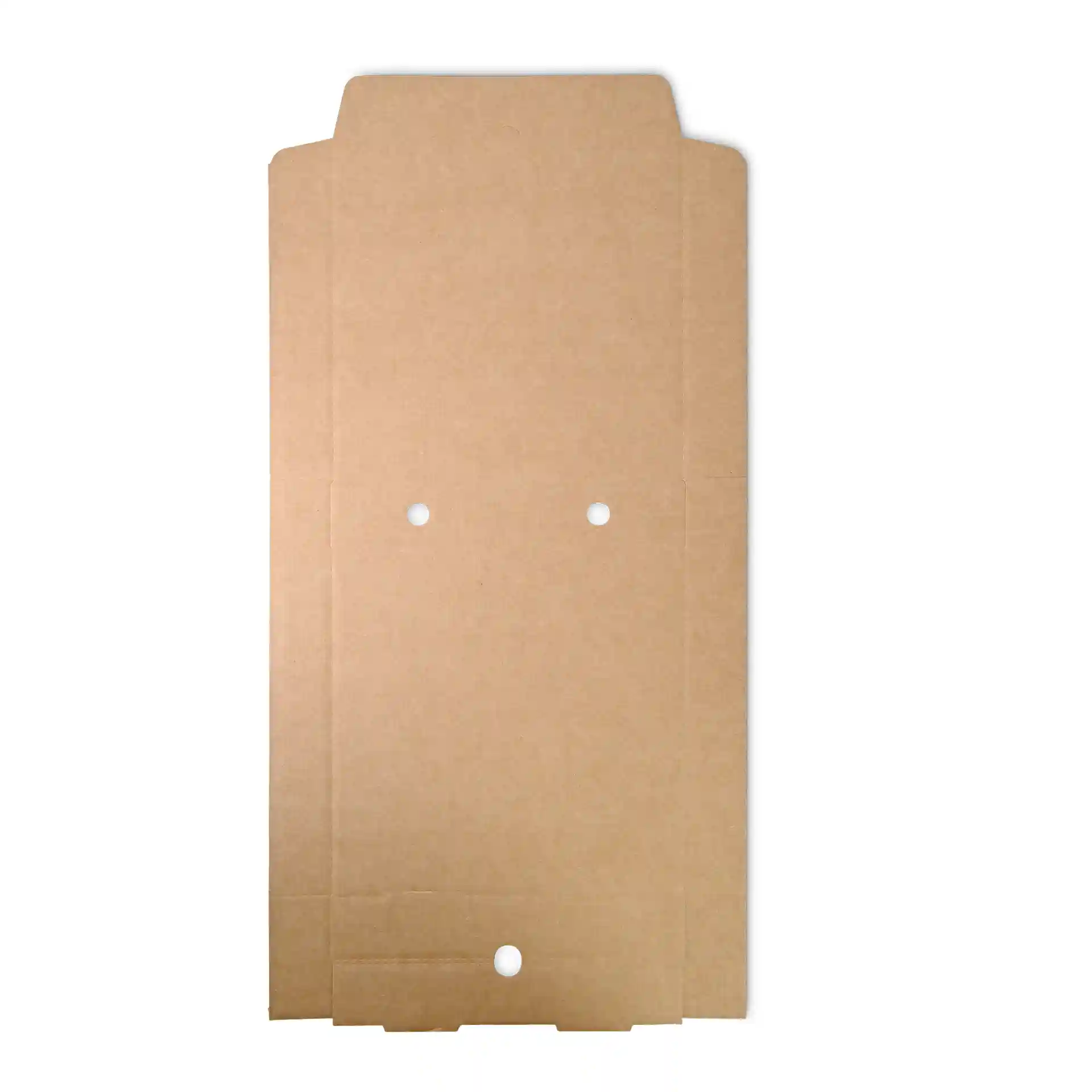 Brown cardboard pizza box with a square shape, featuring two holes and no coating.