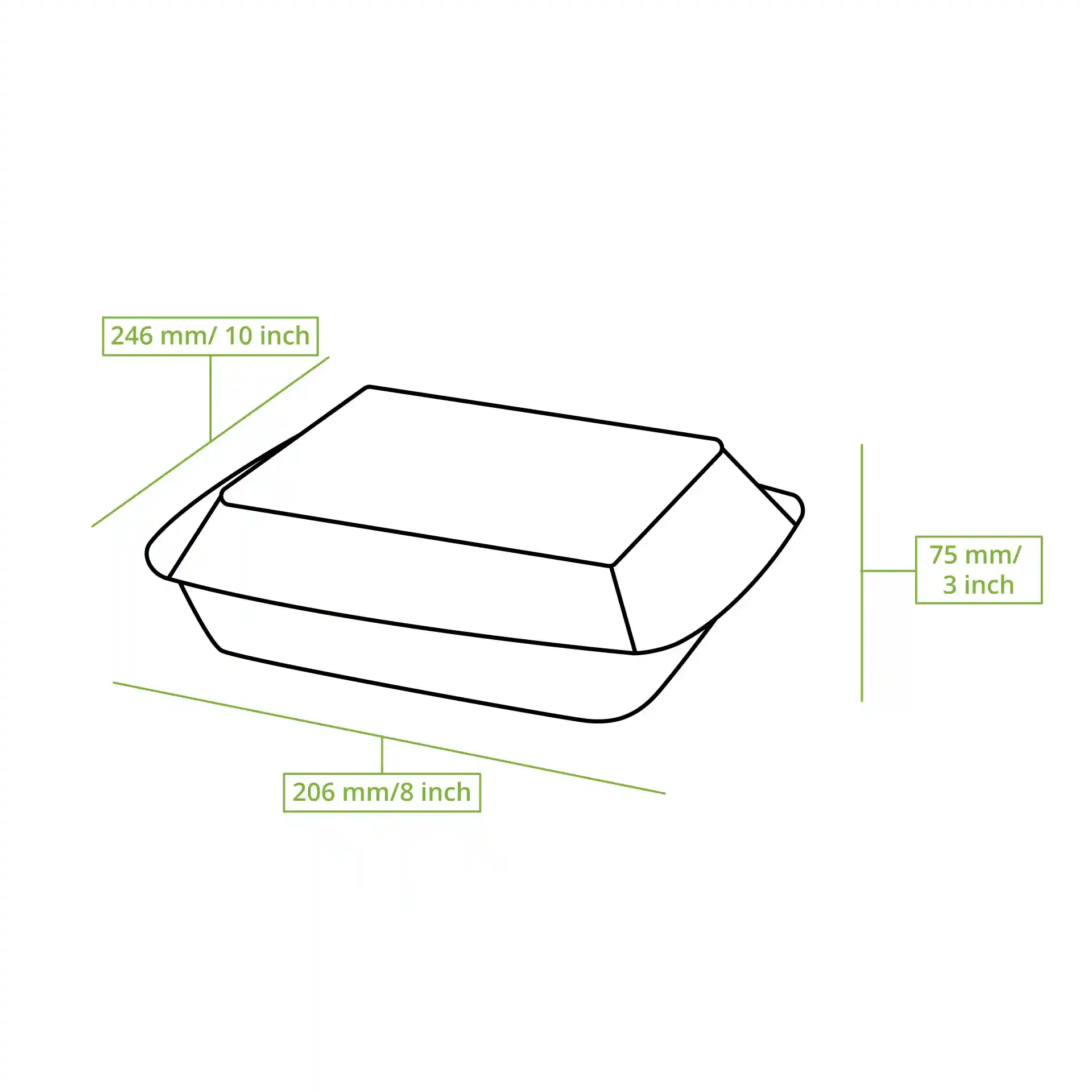 Schematic drawing of a rectangular hinged-lid container with dimensions 247 mm by 200 mm by 70 mm.