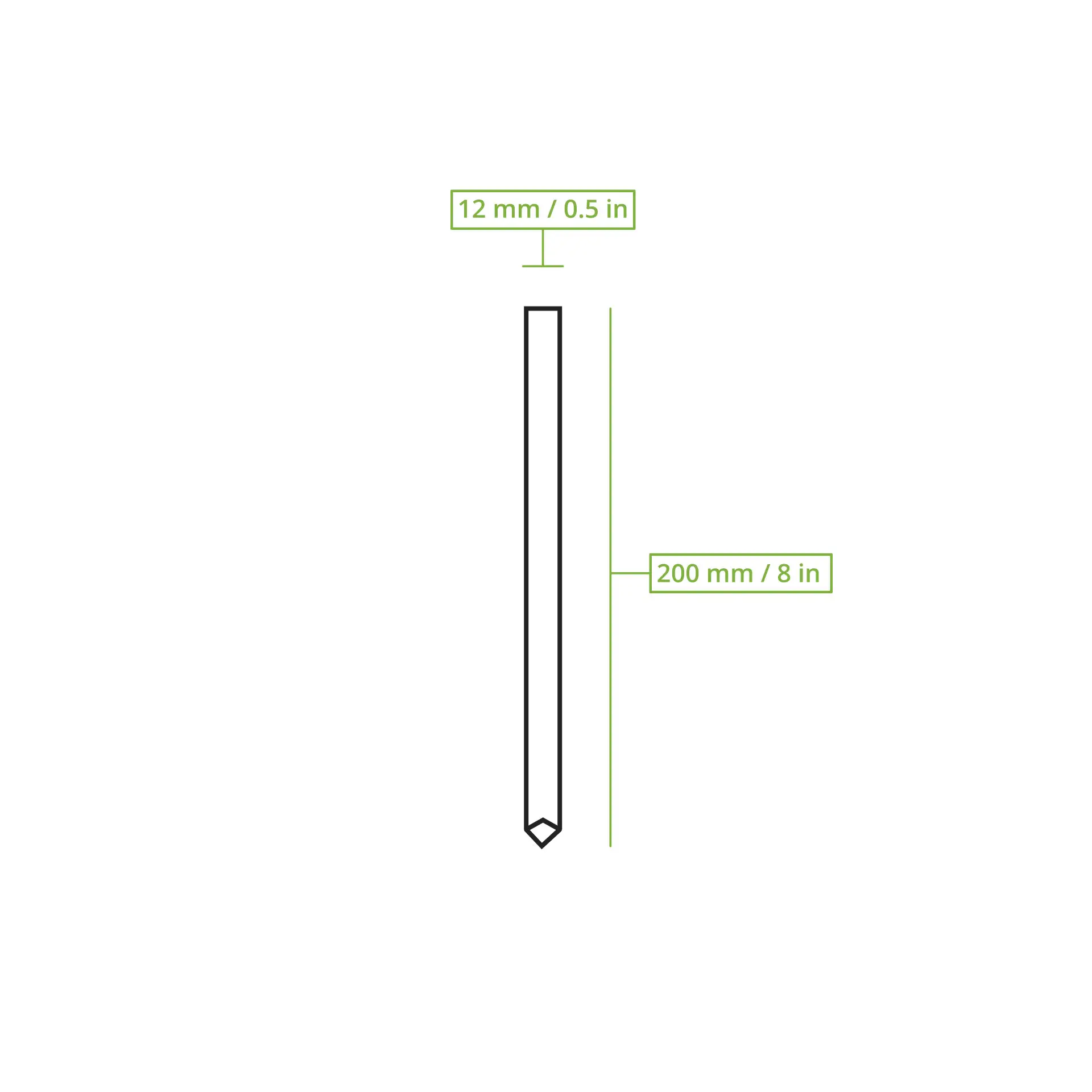 Reusable Bubble Tea straw, 200 mm long and 12 mm diameter, shown in a vertical position with size indications.