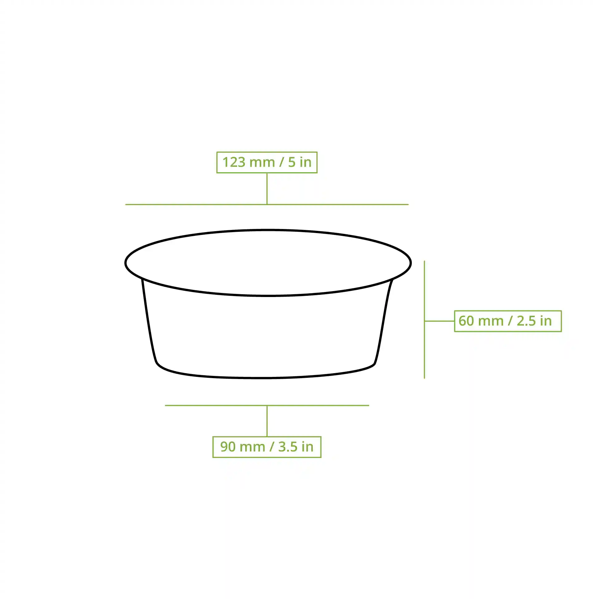 Schematic drawing of a round rPET deli pot with dimensions: 123 mm diameter, 60 mm height, and 90 mm bottom diameter.