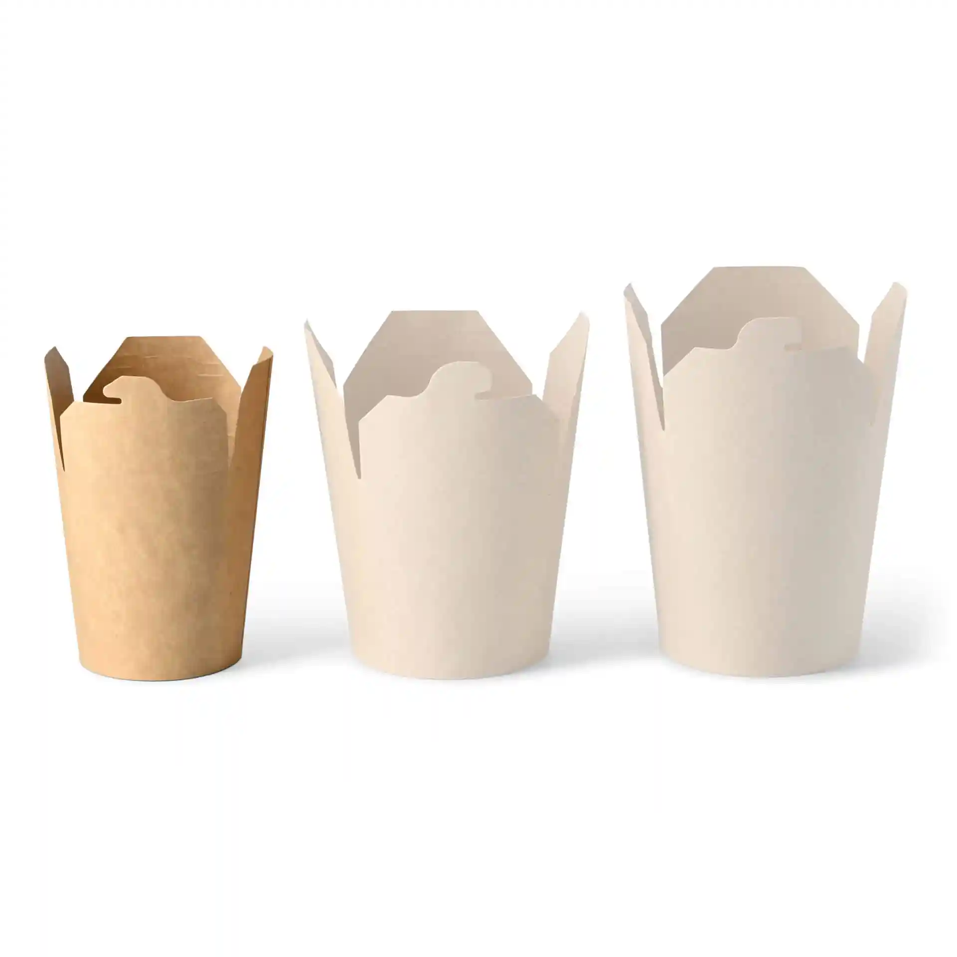 Image of three round noodle boxes in brown and white cardboard, varying in size, with open tops and flared edges.